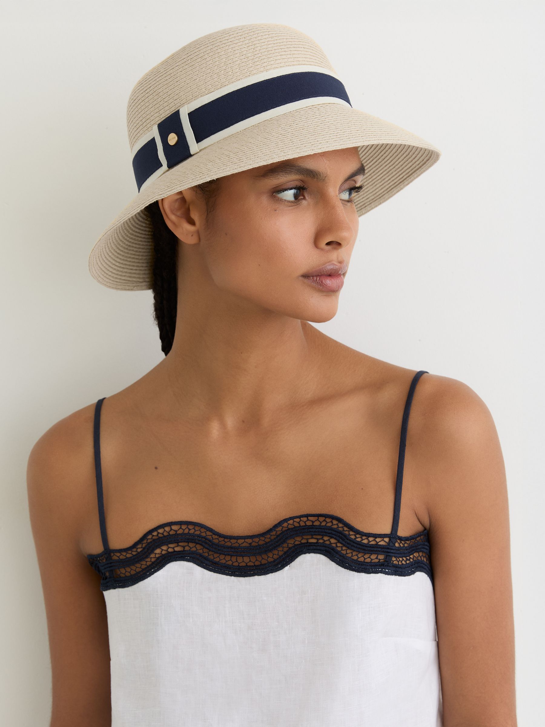 Ribbon-Trim Straw-Effect Hat in Natural - image 3