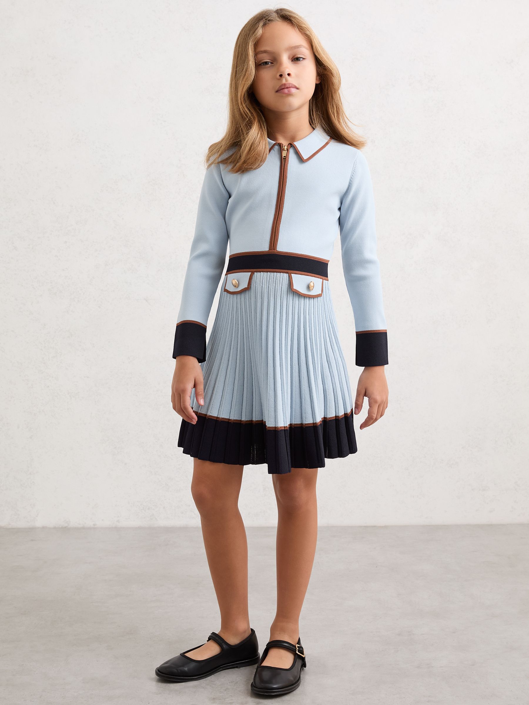 13-14 yrs Pleated Tipped Knit Dress in Pale Blue - Image 2 of 4