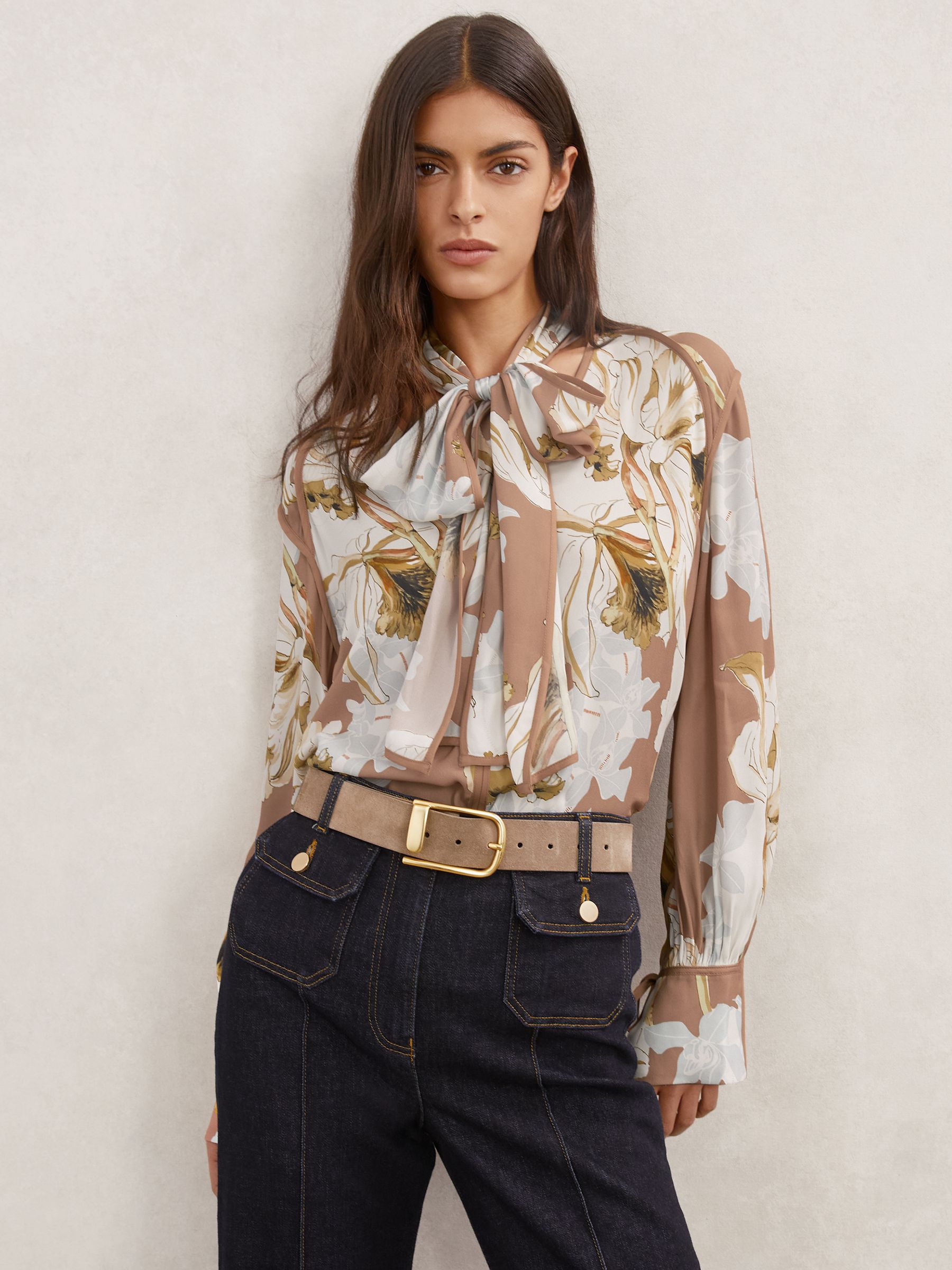 Floral-Print Tie-Neck Blouse in Pink/Ivory - Image 1 of 6
