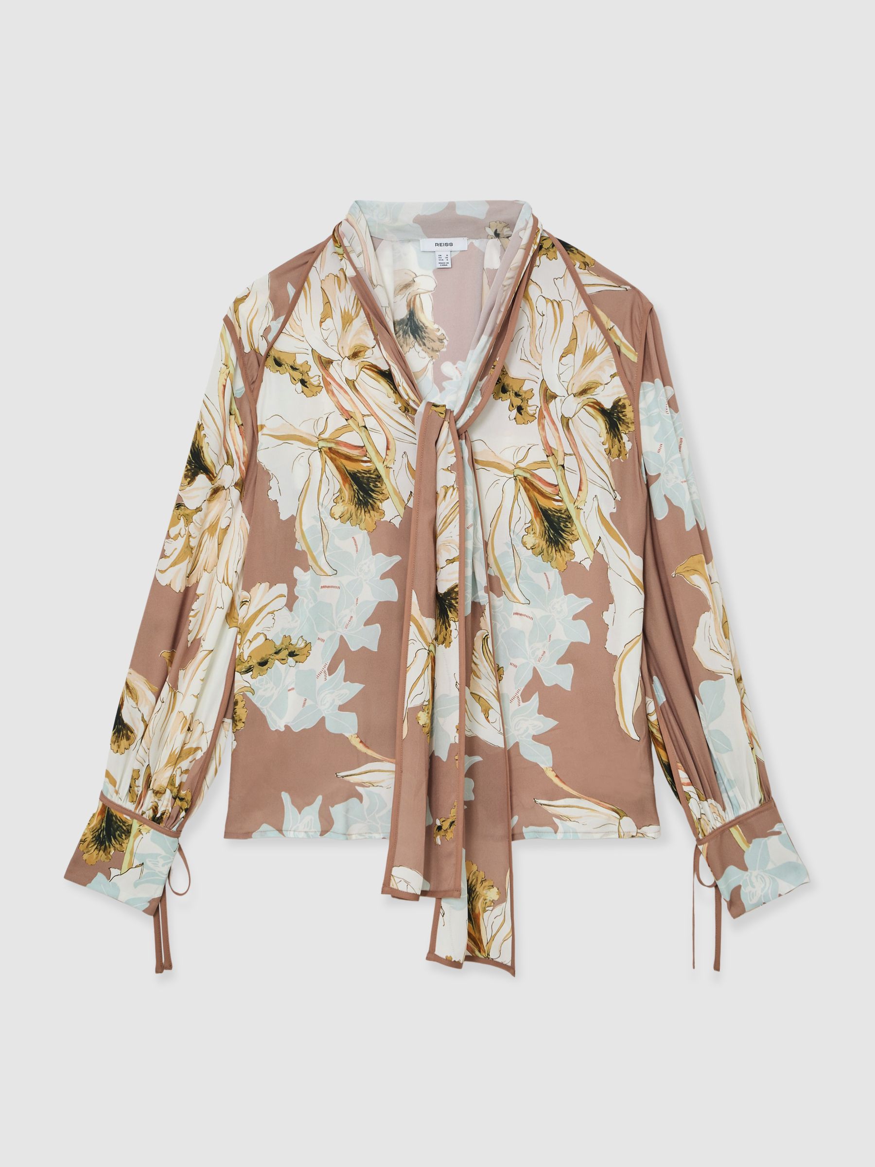Floral-Print Tie-Neck Blouse in Pink/Ivory