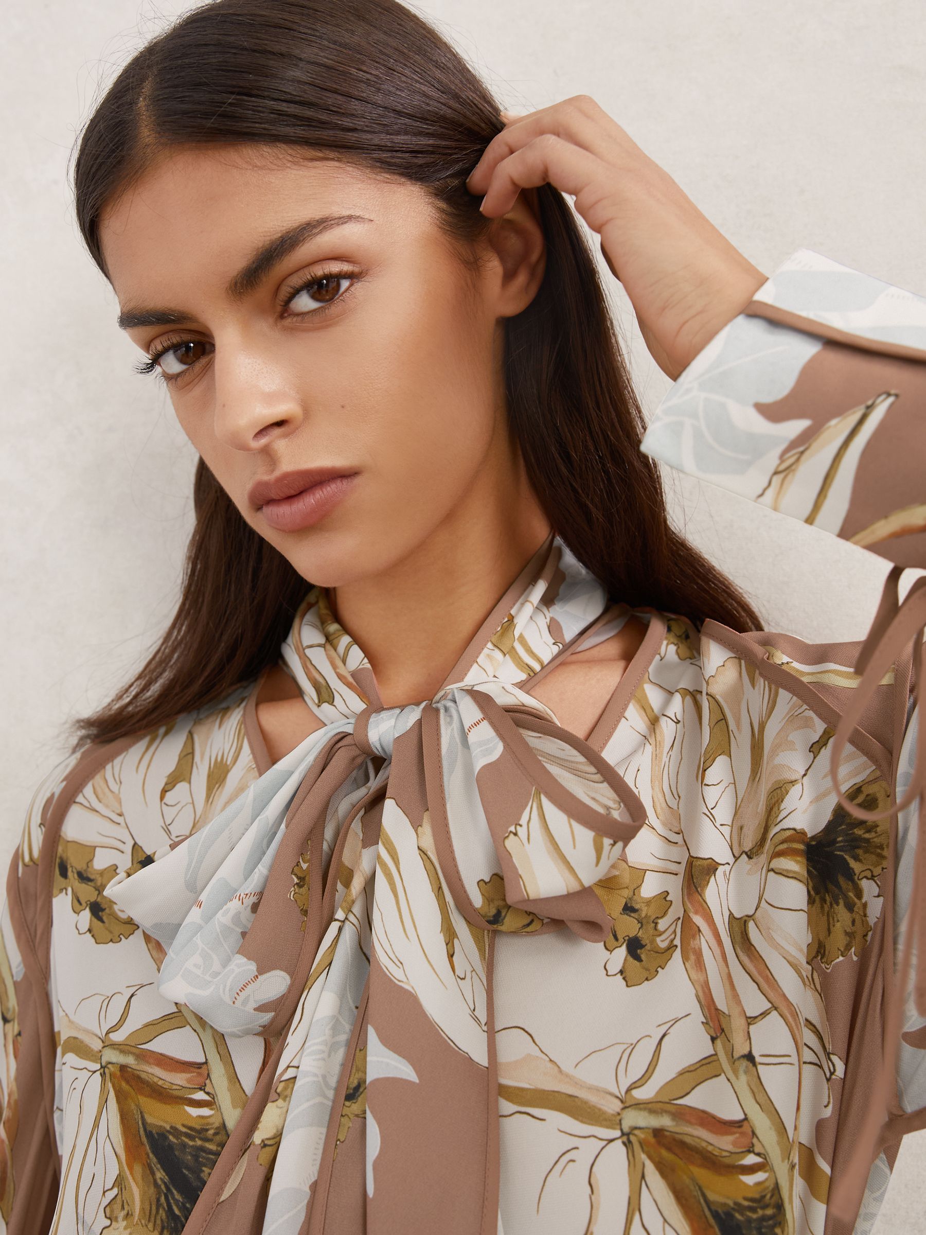 Reiss Floral-Print Tie-Neck Blouse in Pink/Ivory | REISS