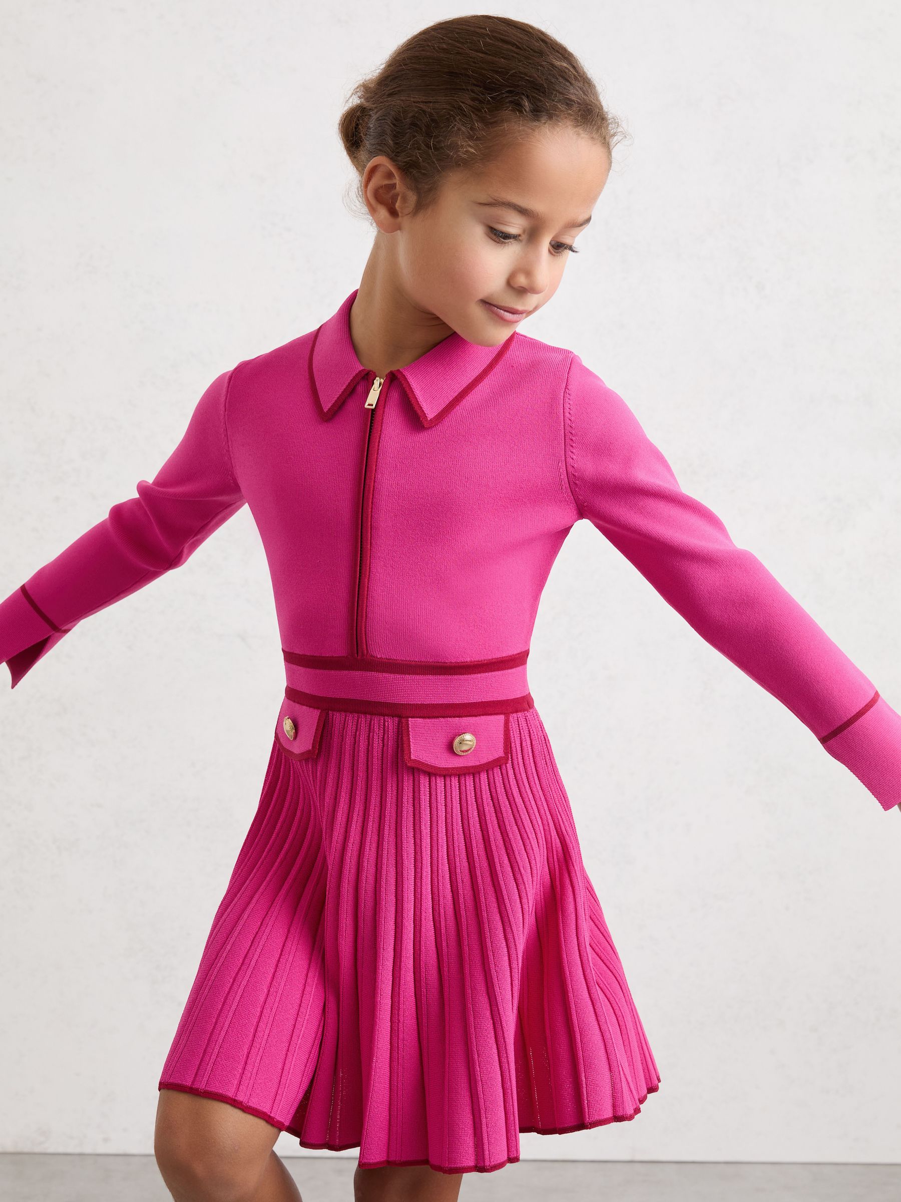 13-14 yrs Pleated Tipped Knit Dress in Bright Pink - Image 3 of 4