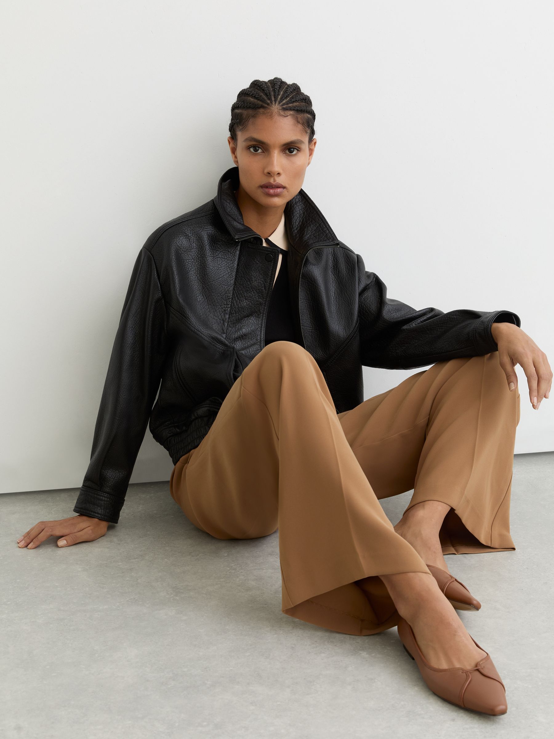 Leather Pointed-Toe Ballerina Shoes in Tan - Image 1 of 5