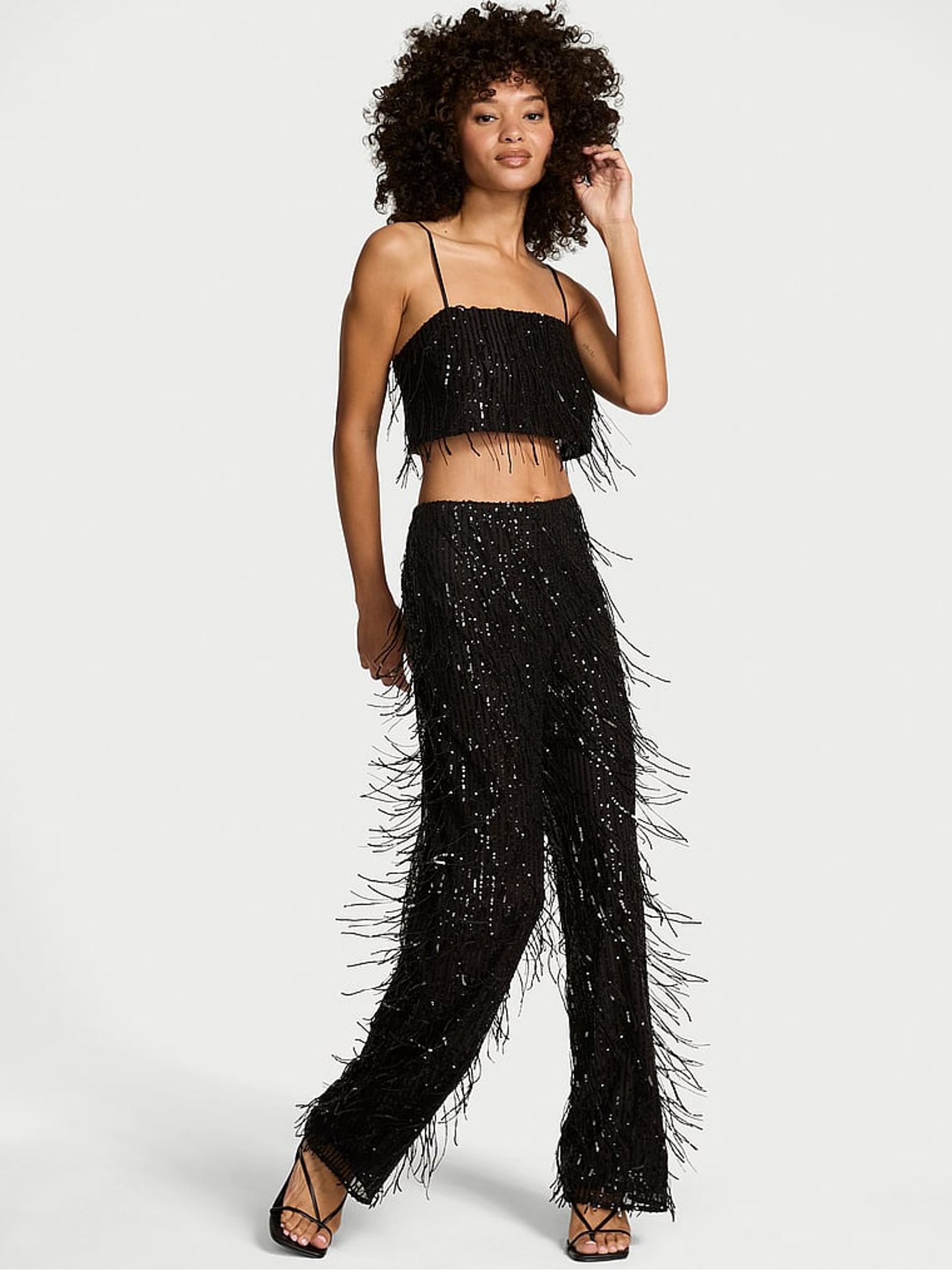 Black Sequin Fringe Crop Top & Trousers Set - Image 1 of 3
