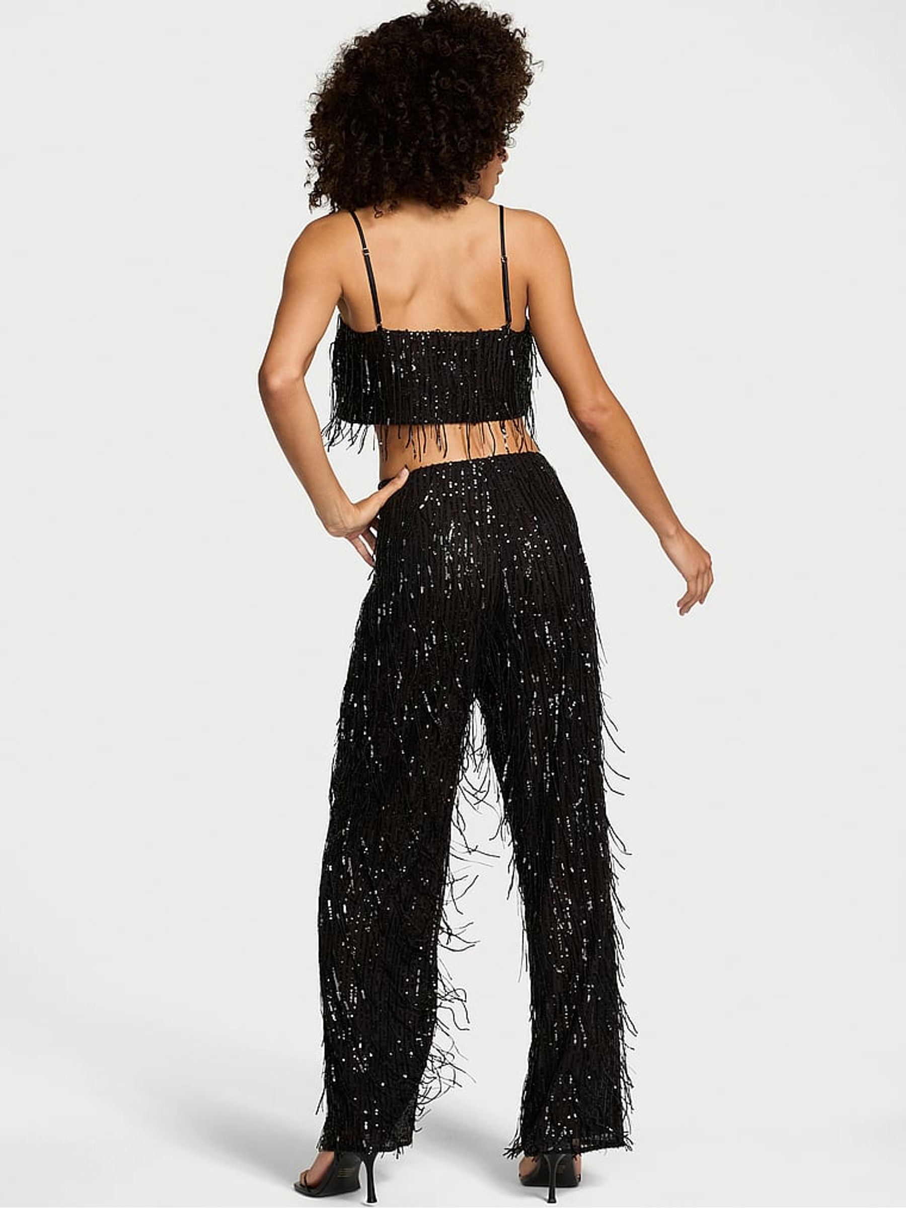 Black Sequin Fringe Crop Top & Trousers Set - Image 2 of 3