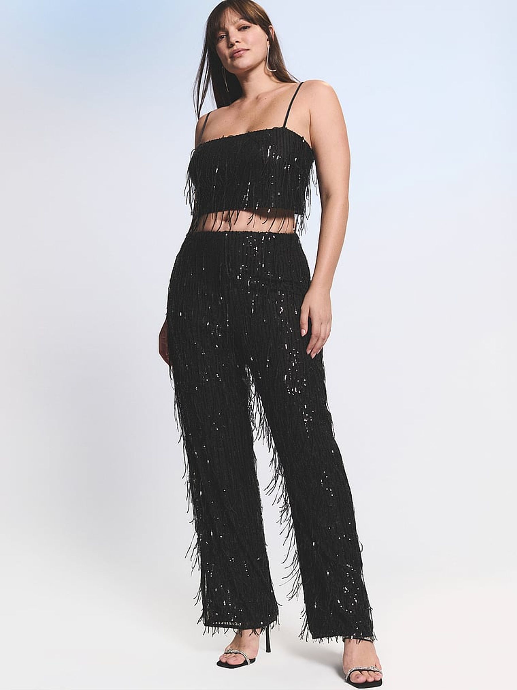 Black Sequin Fringe Crop Top & Trousers Set - Image 3 of 3