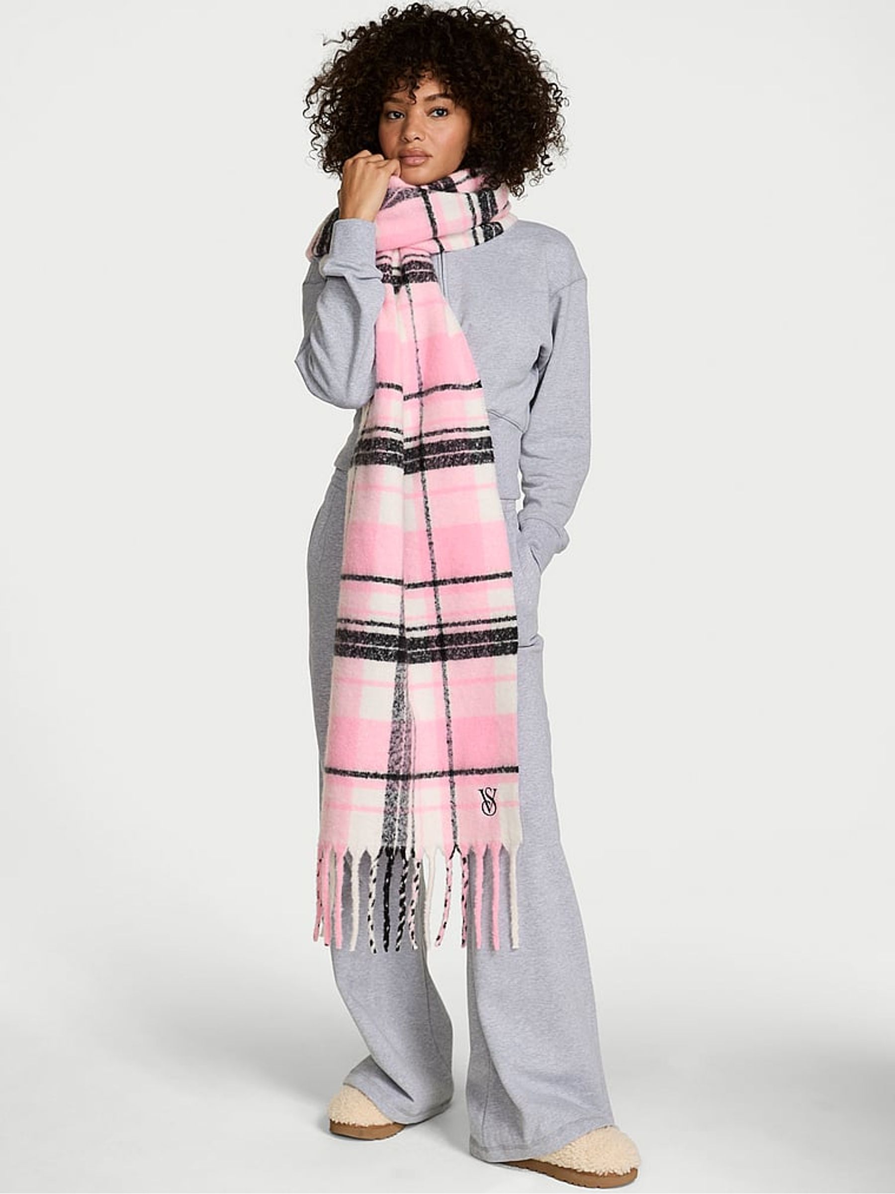 Pretty Blossom Pink Tartan Cosy Blanket Scarf - Image 1 of 3 Pretty Blossom Pink Tartan Cosy Blanket Scarf - Image 1 of 3