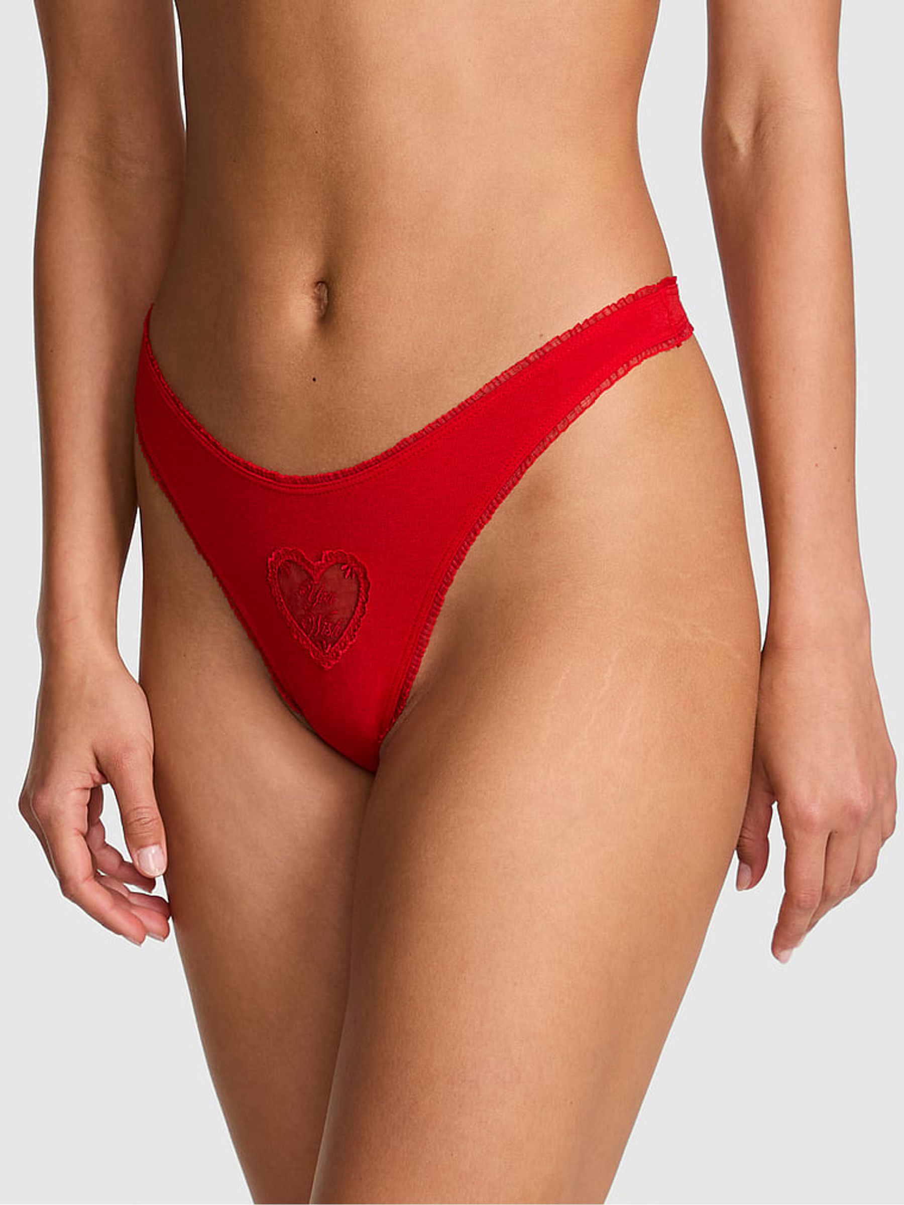 Bright Vermillion Red Heart Mesh Print Thong Cotton Knickers - Image 1 of 2