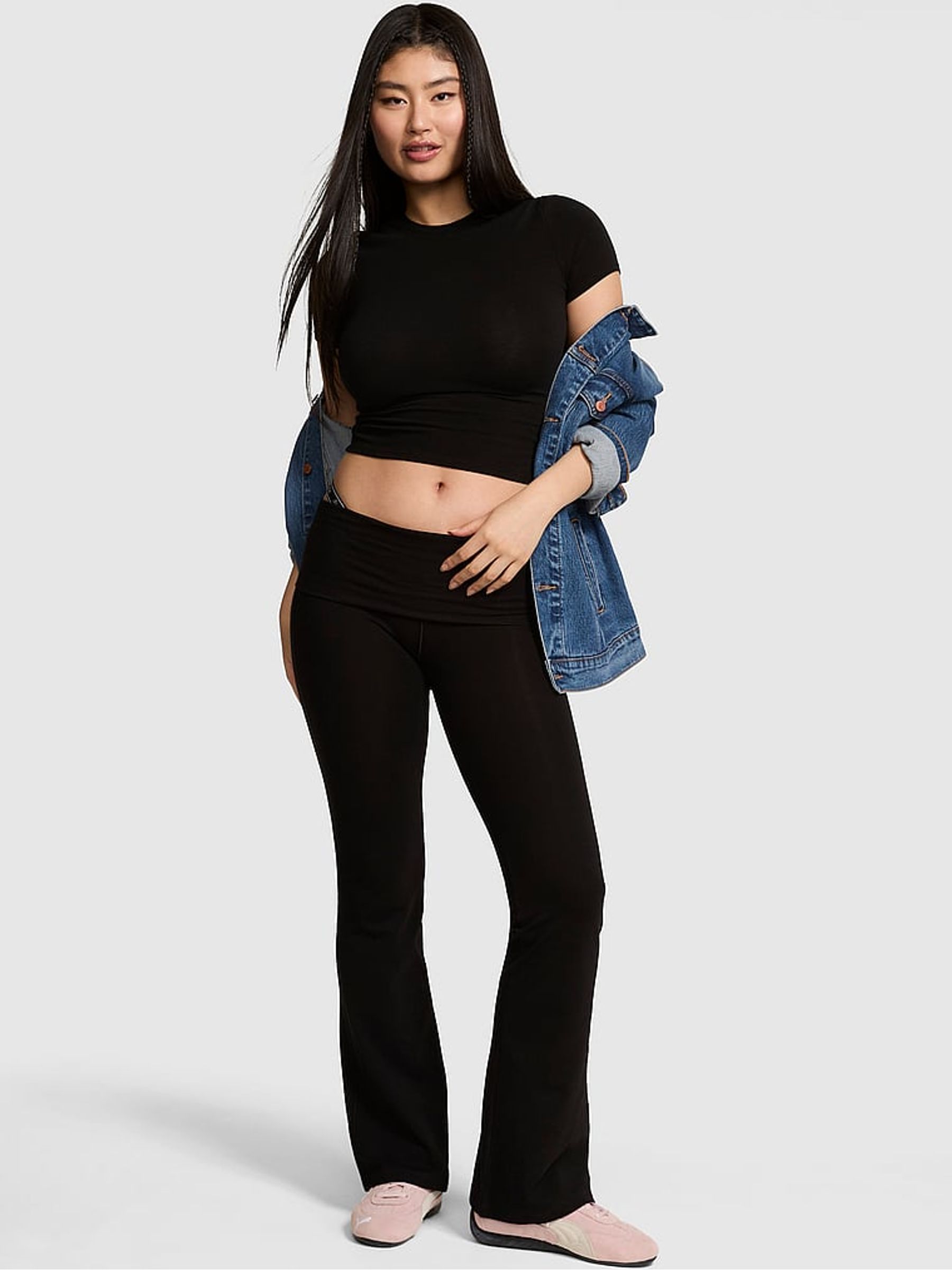 Black Diamante Print Foldover Flares Leggings - Image 1 of 2