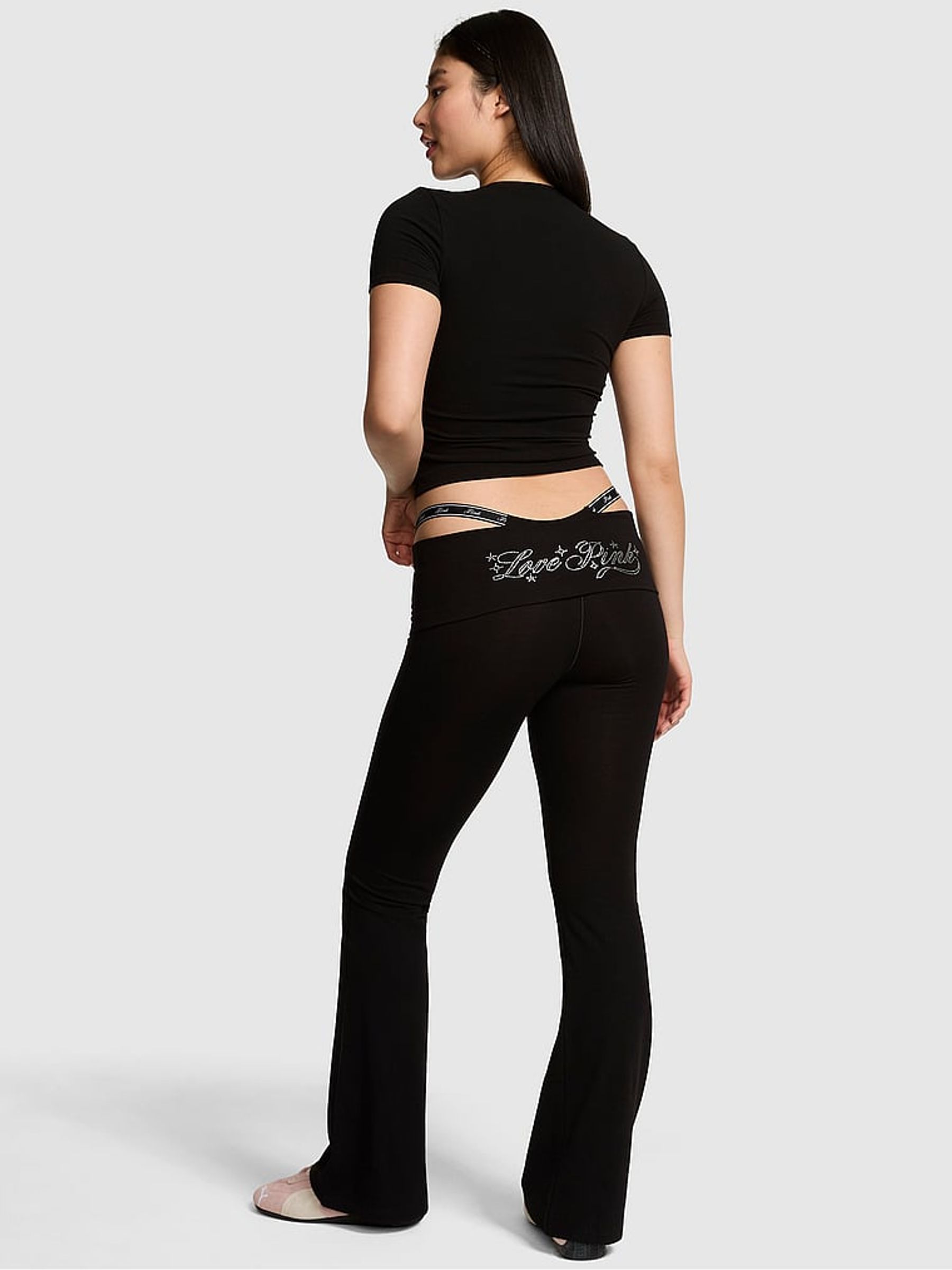 Black Diamante Print Foldover Flares Leggings - Image 2 of 2