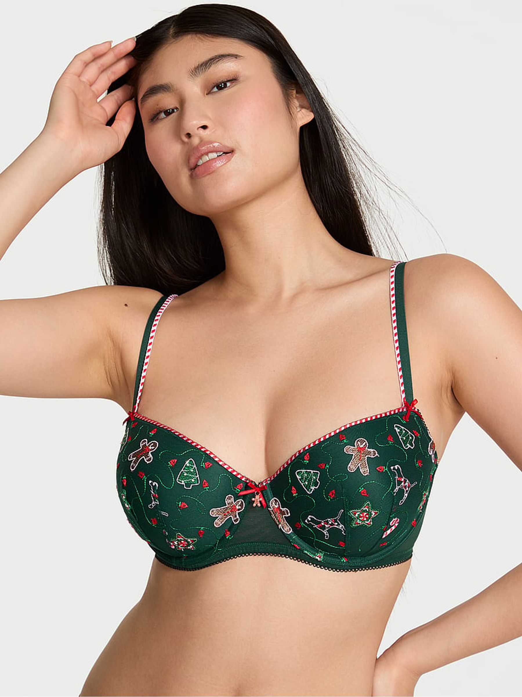 Forest Green Christmas Gingerbread Embroidery Bra - Image 1 of 4