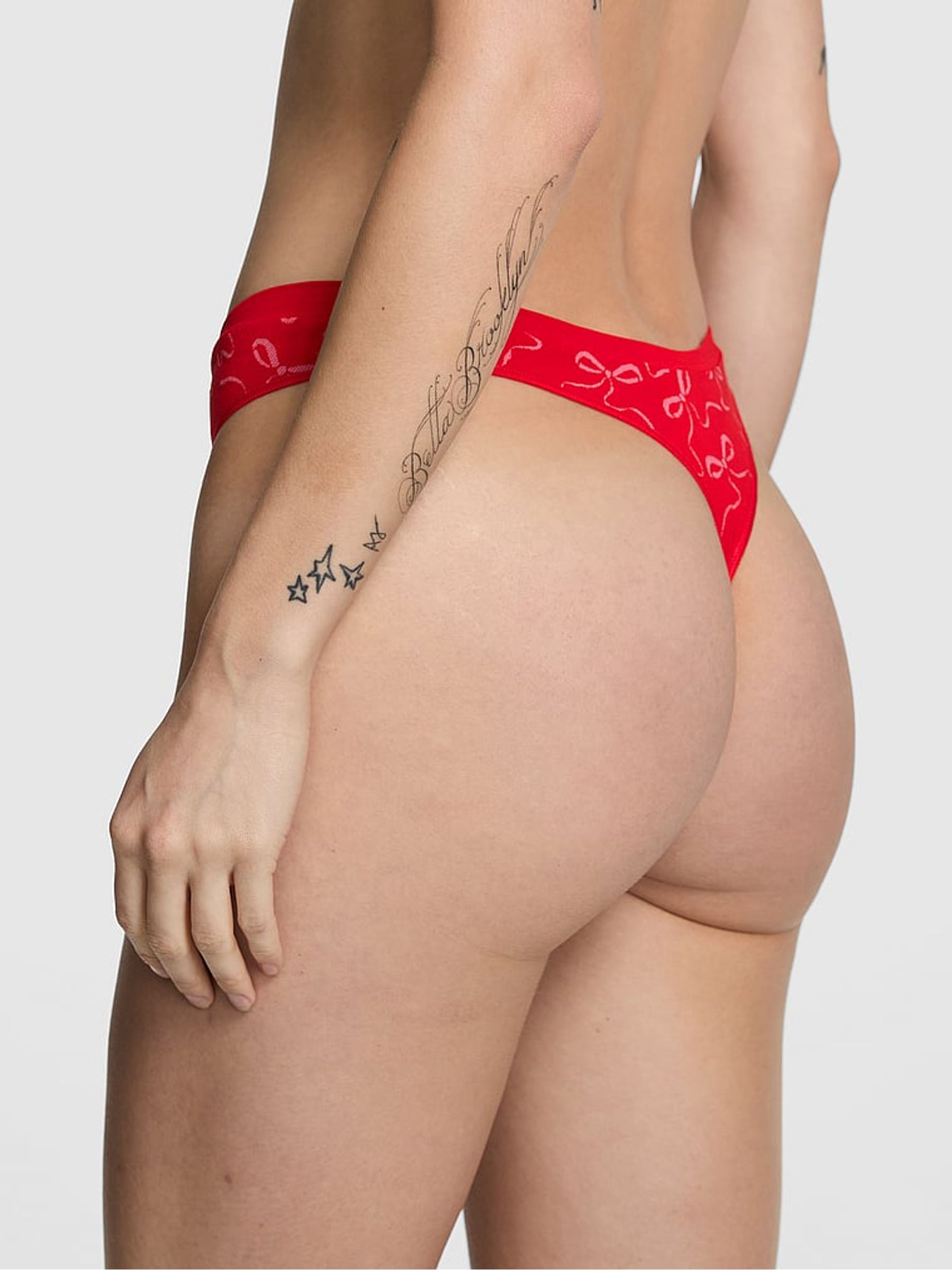 Bright Vermillion Red Bow Print Thong Seamless Knickers - Image 2 of 2