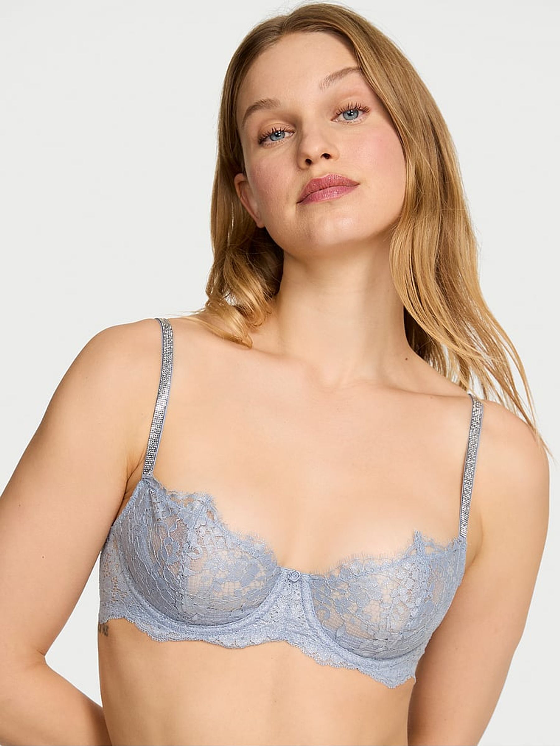 Blue Grey Unlined Balcony Twinkle Strap Lace Bra - Image 1 of 2