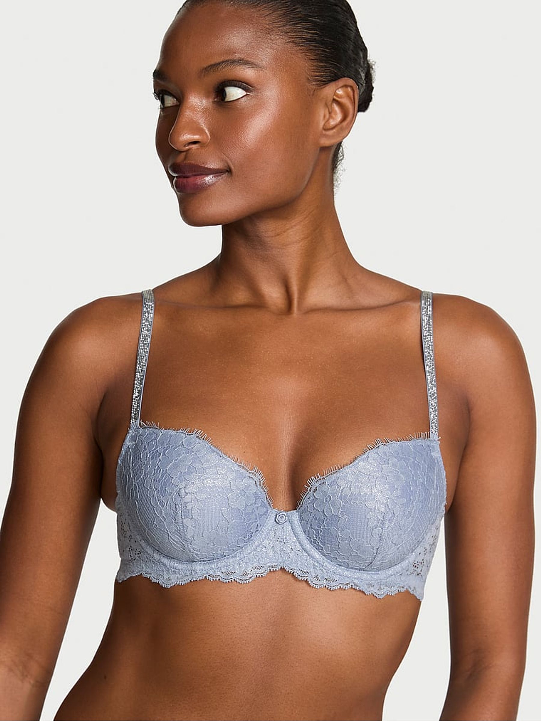 Blue Grey Lightly Lined Demi Twinkle Strap Lace Bra - Image 1 of 2 Blue Grey Lightly Lined Demi Twinkle Strap Lace Bra - Image 1 of 2