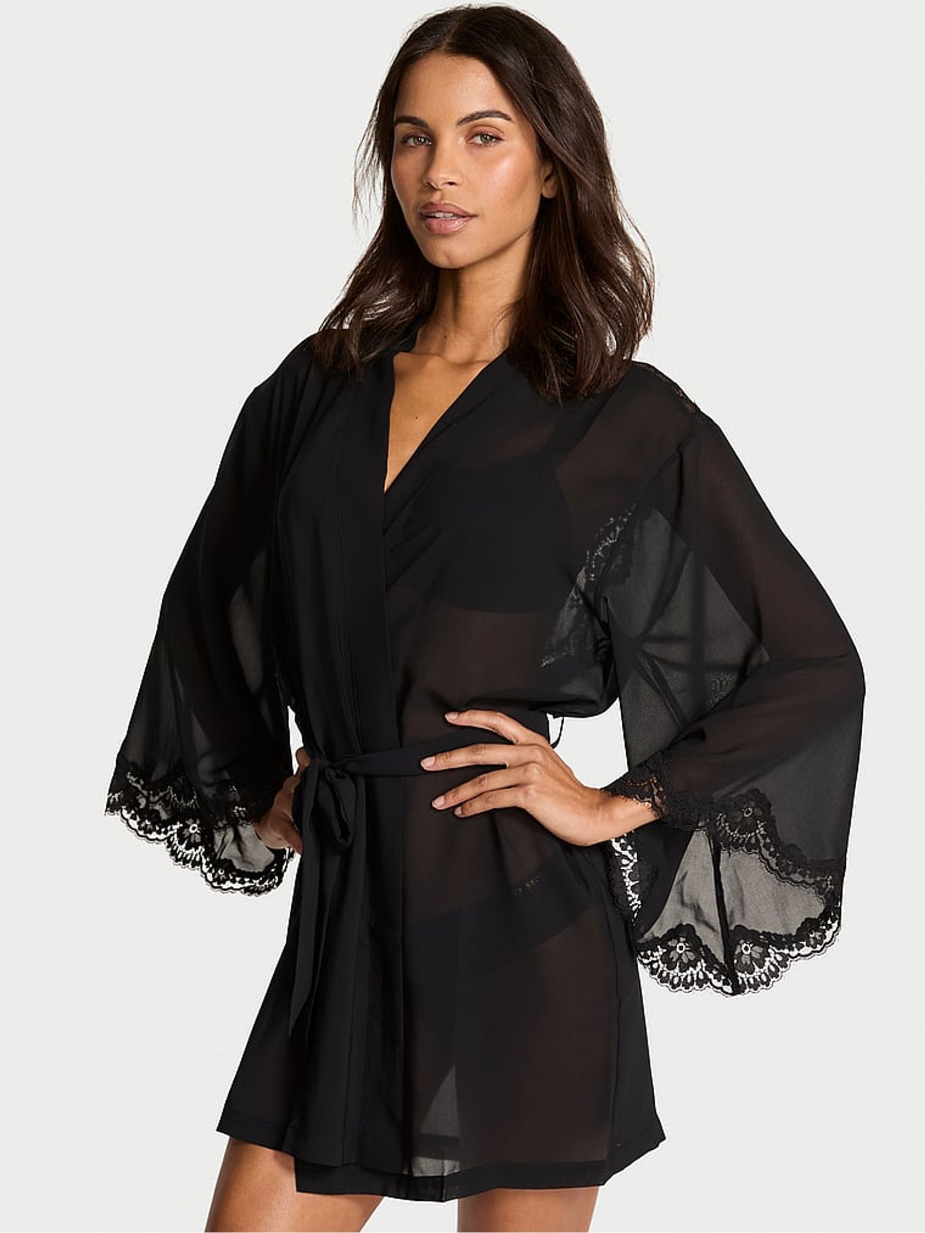 Black Chiffon & Lace Short Robe - Image 1 of 2