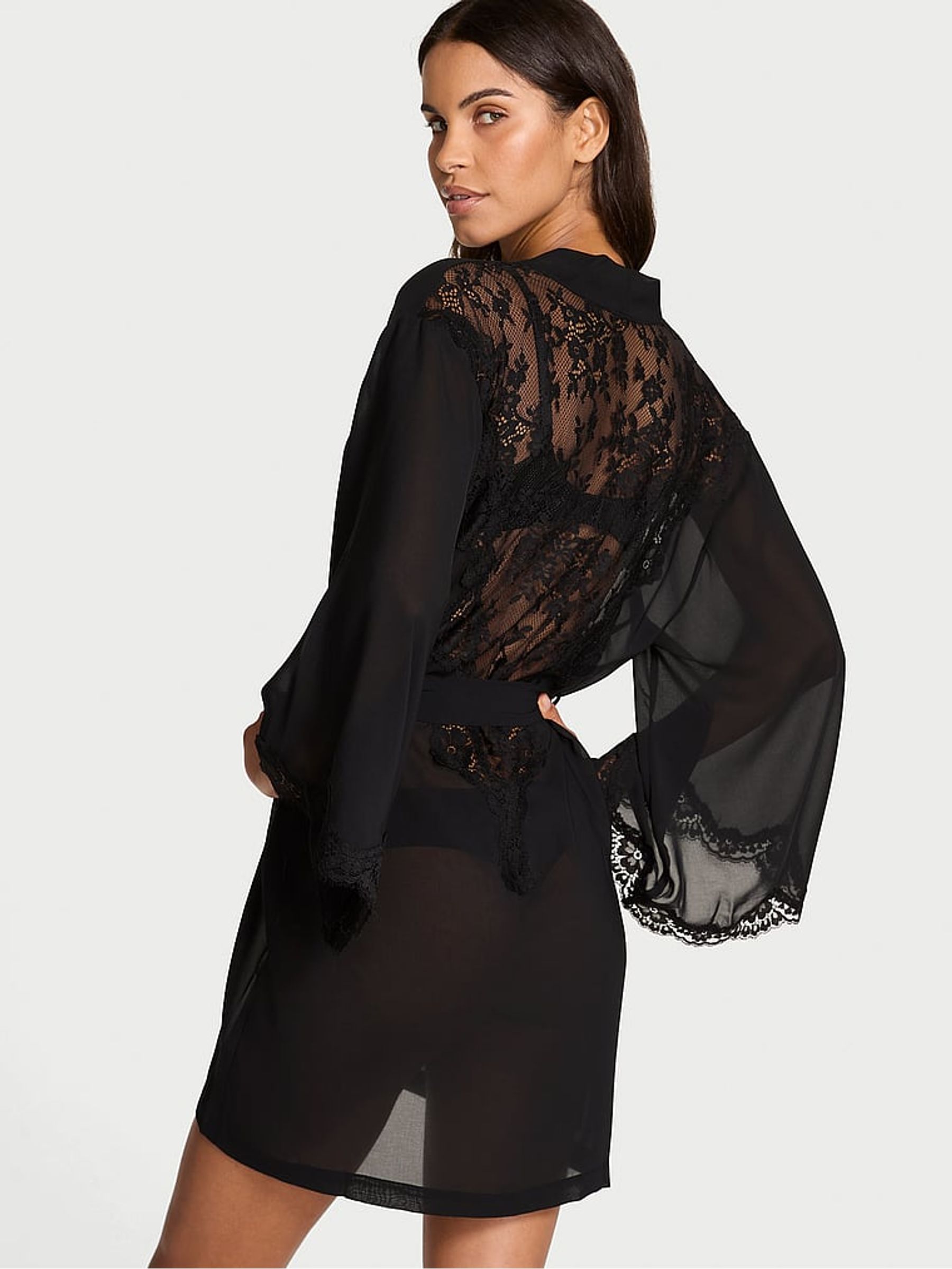 Black Chiffon & Lace Short Robe - Image 2 of 2