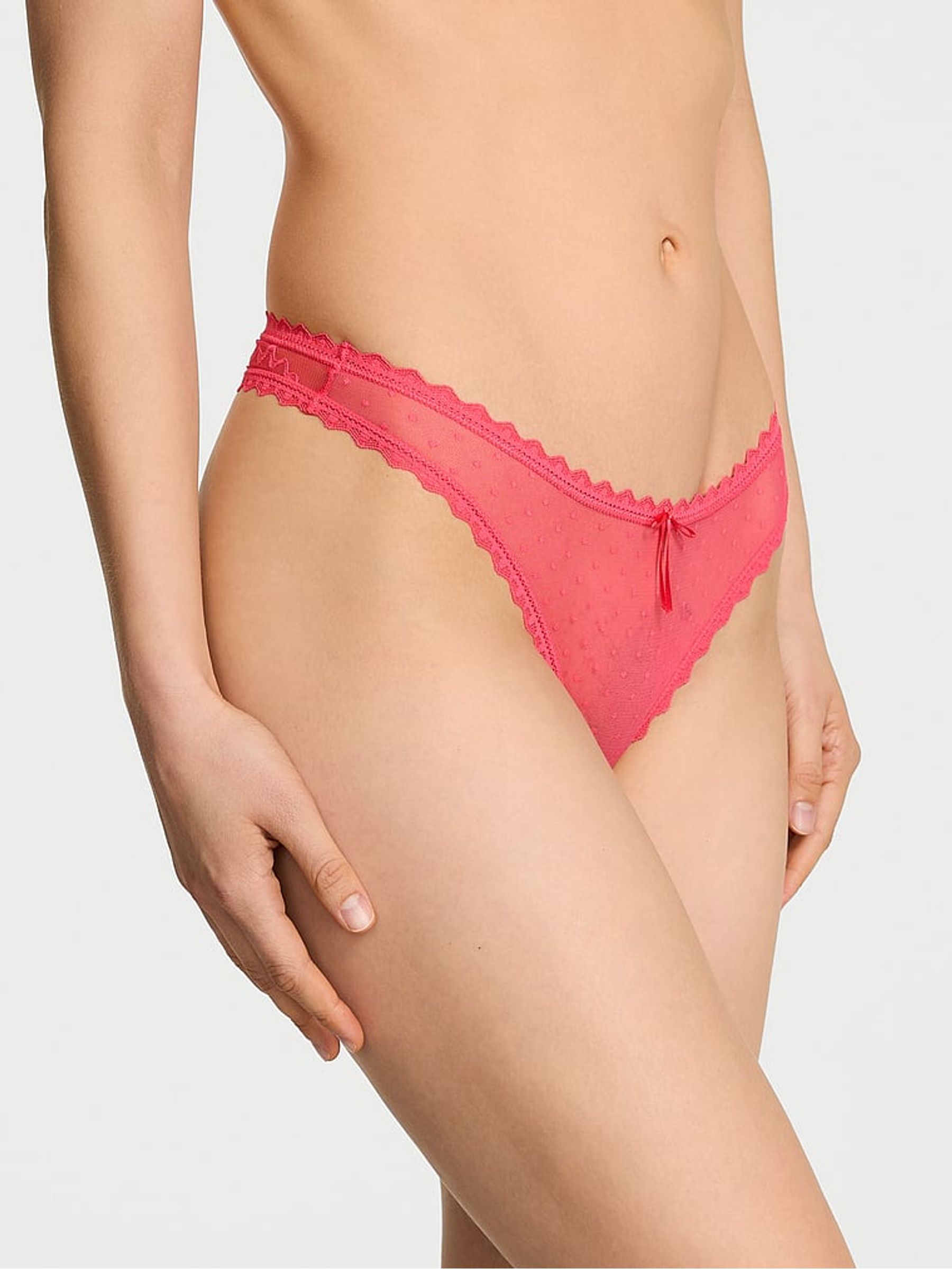Poppy Pink Thong Bow Lace Mesh Knickers - Image 1 of 2