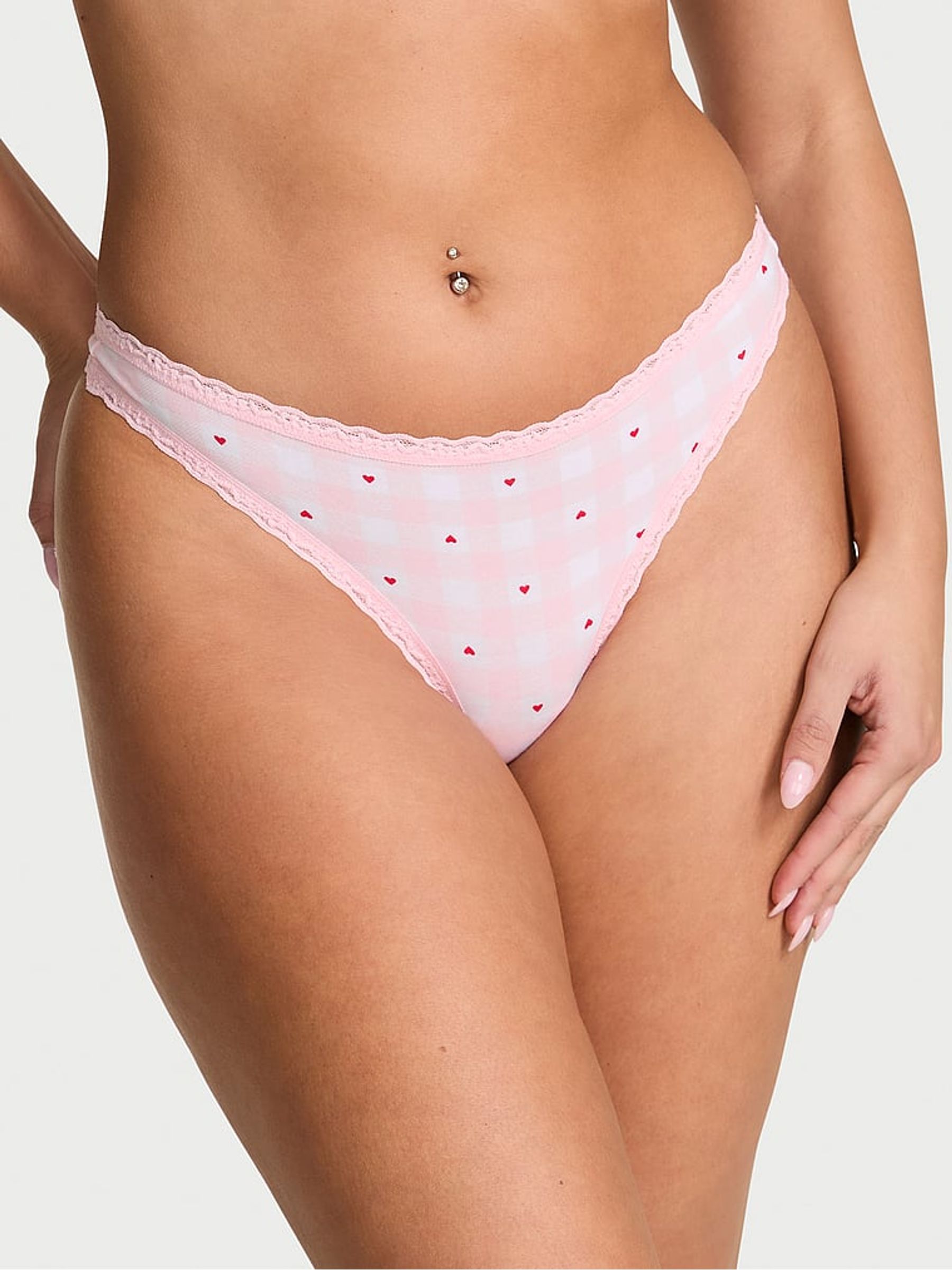 Pretty Blossom Pink Gingham Heart Thong Cotton Lace Trim Knickers - Image 1 of 2