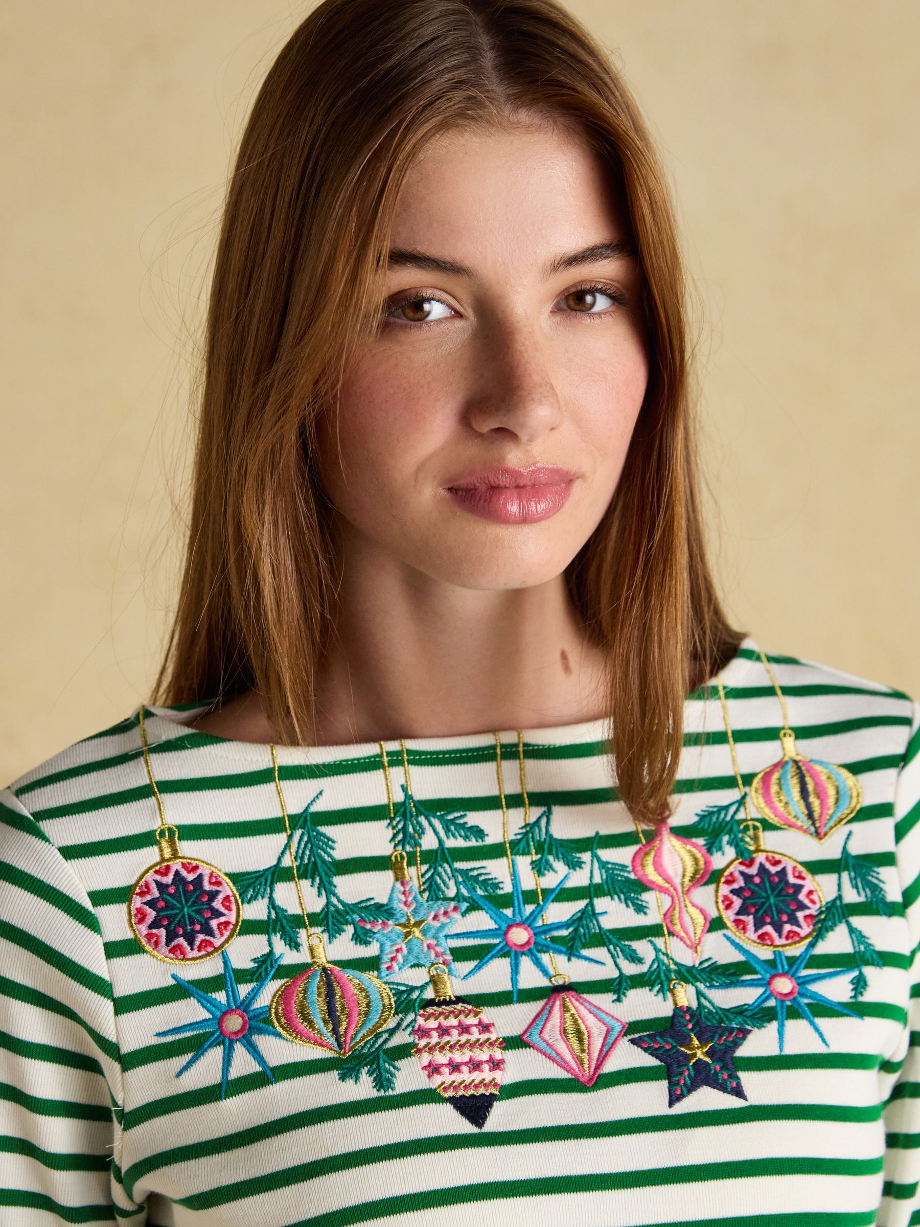 Christmas Harbour Green/White Bauble Boat Neck Breton Top - Image 4 of 7