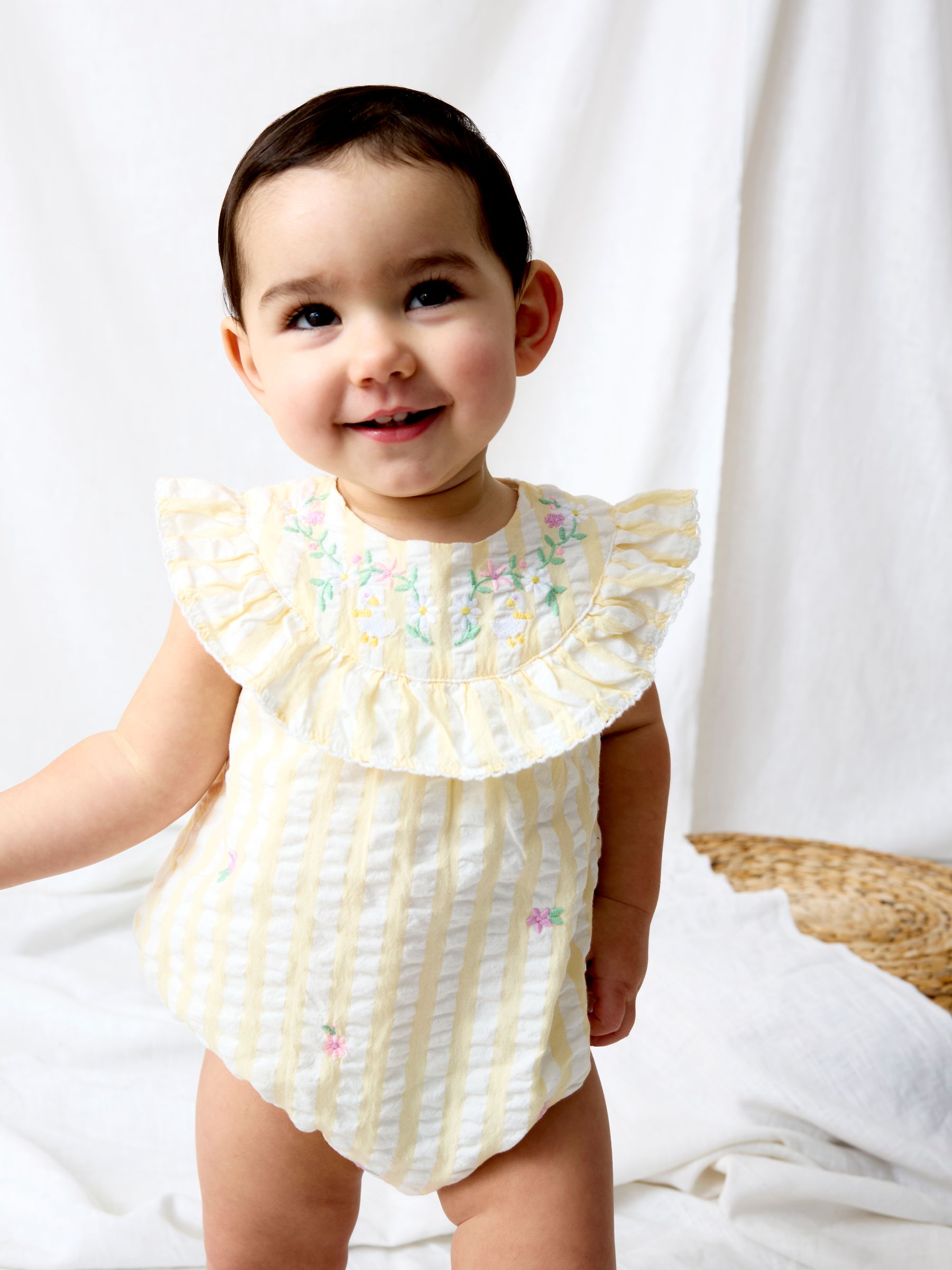Yellow Flower Embroidered Frill Stripe Romper - Image 1 of 2