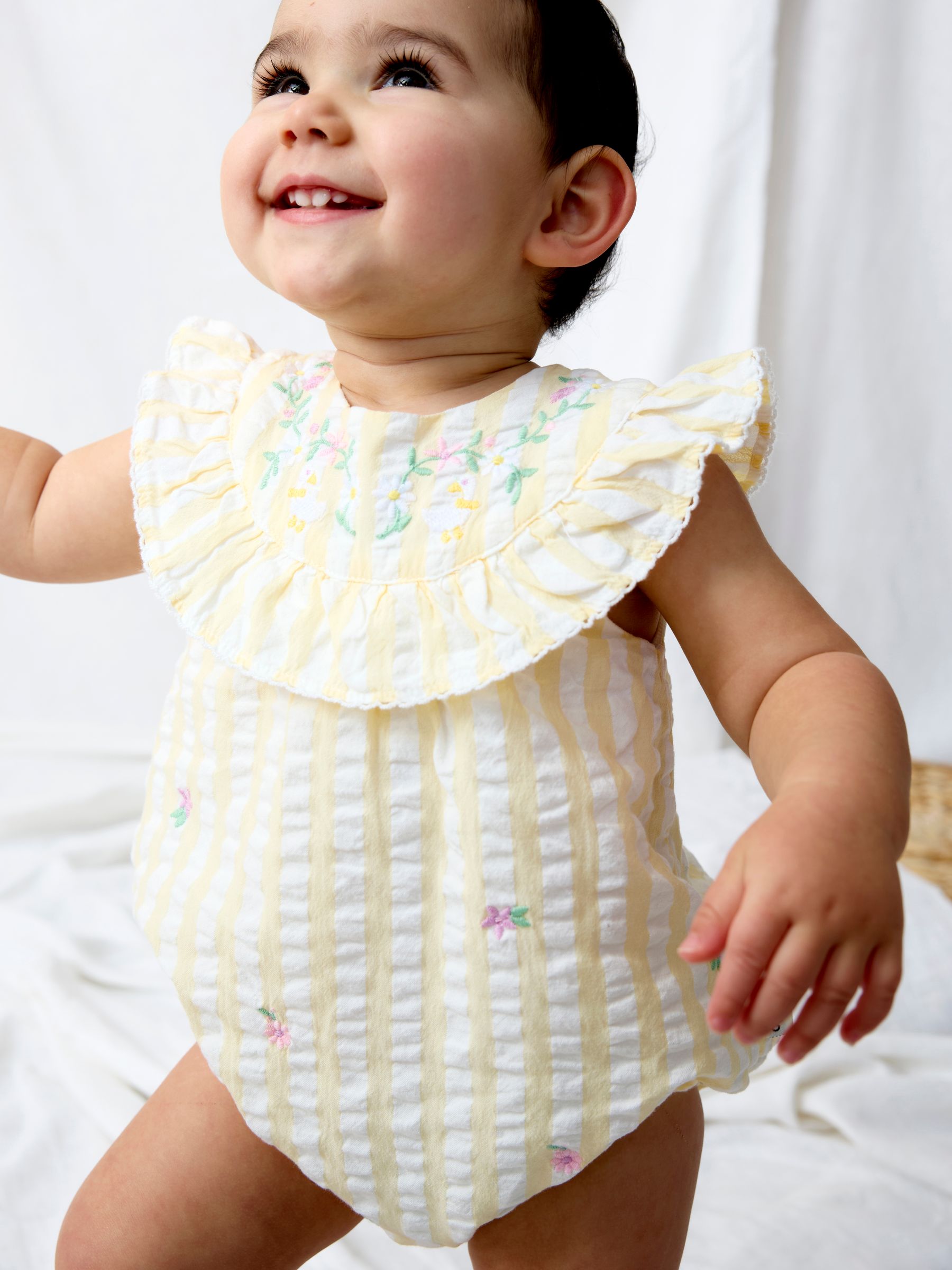 Yellow Flower Embroidered Frill Stripe Romper - Image 2 of 2