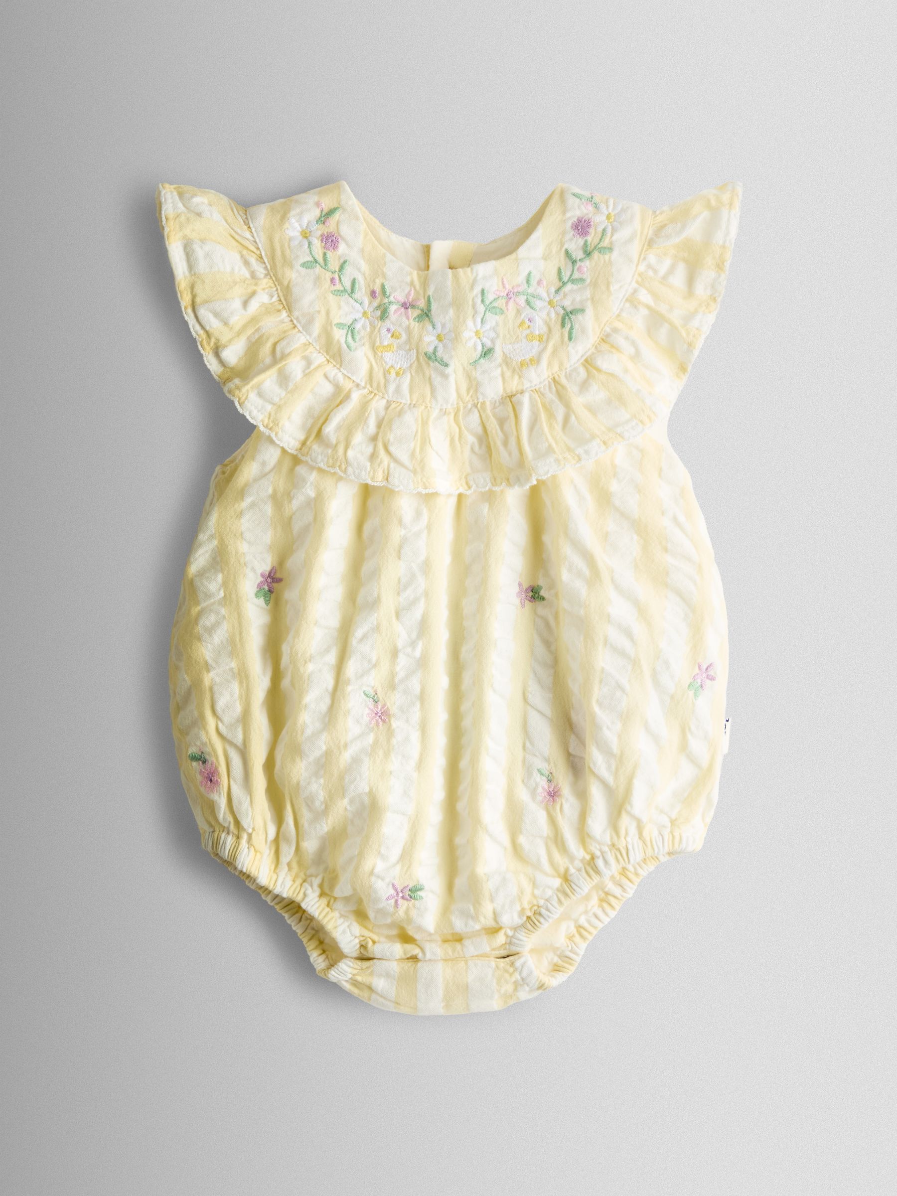 Yellow Flower Embroidered Frill Stripe Romper - Image 3 of 5