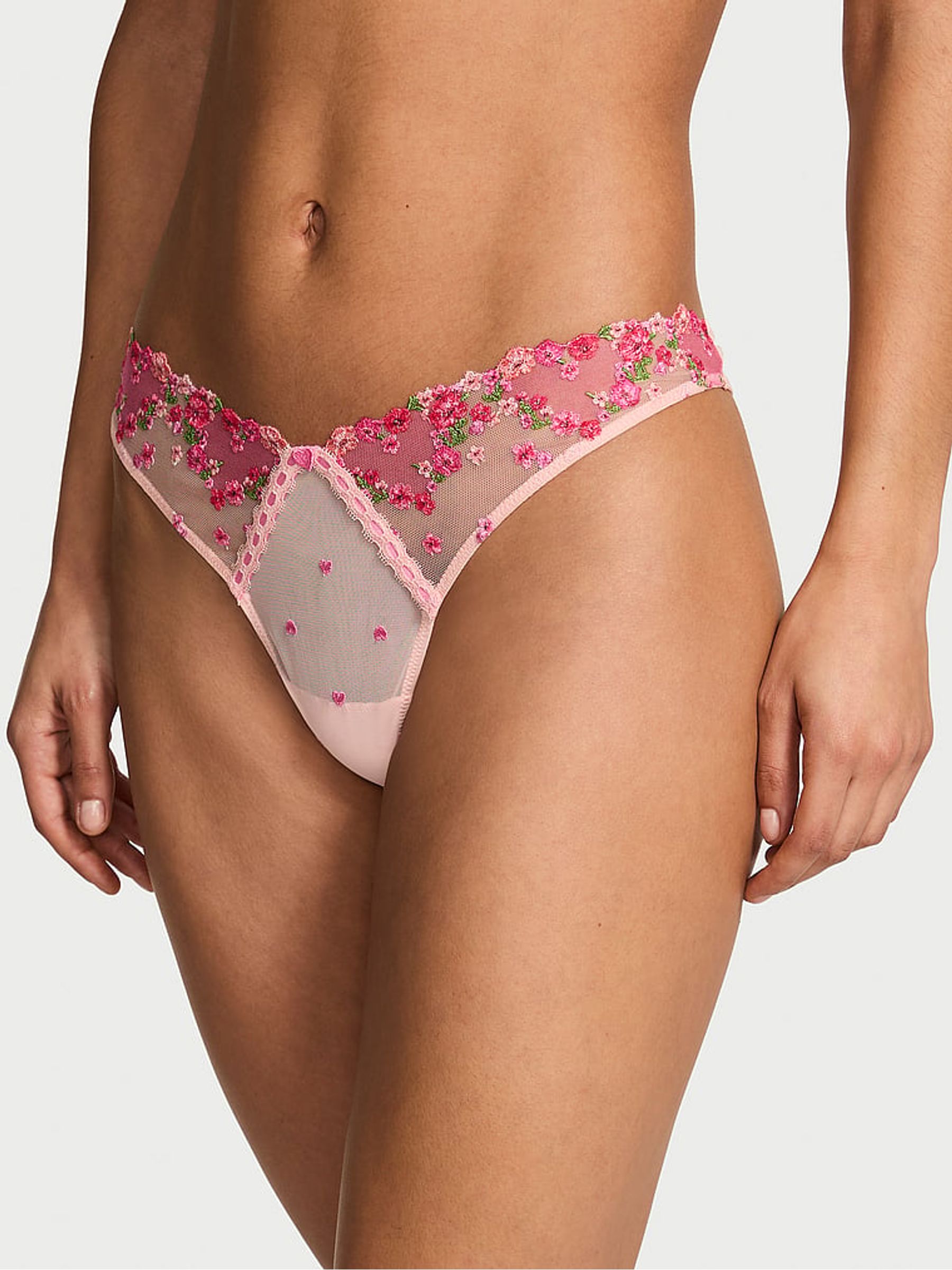 Hearts and Roses Pink Thong Embroided Knickers - Image 1 of 2 Hearts and Roses Pink Thong Embroided Knickers - Image 1 of 2