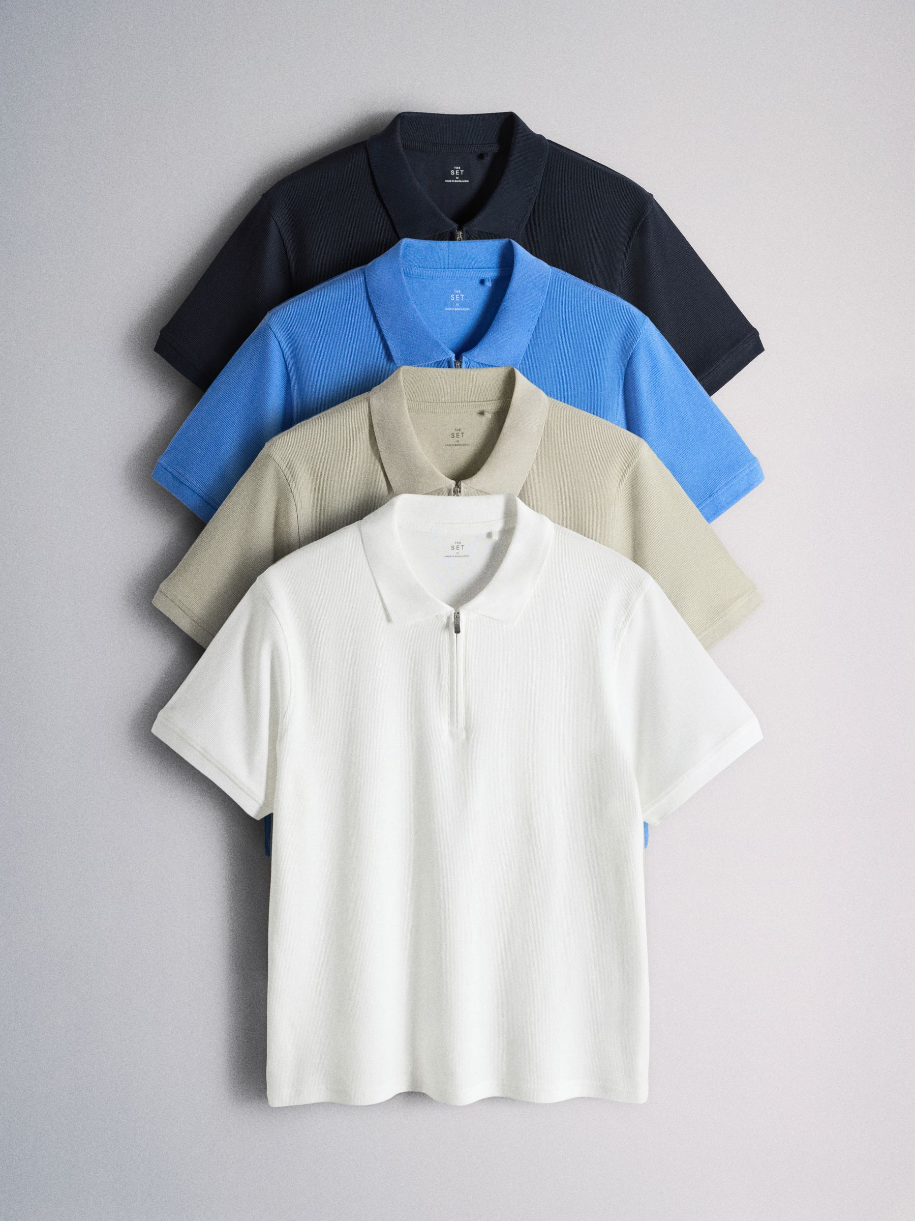 4 Pack Navy/Blue/White/Khaki Textured Cotton Zip Neck Polos Blue/Ecru - Image 1 of 6