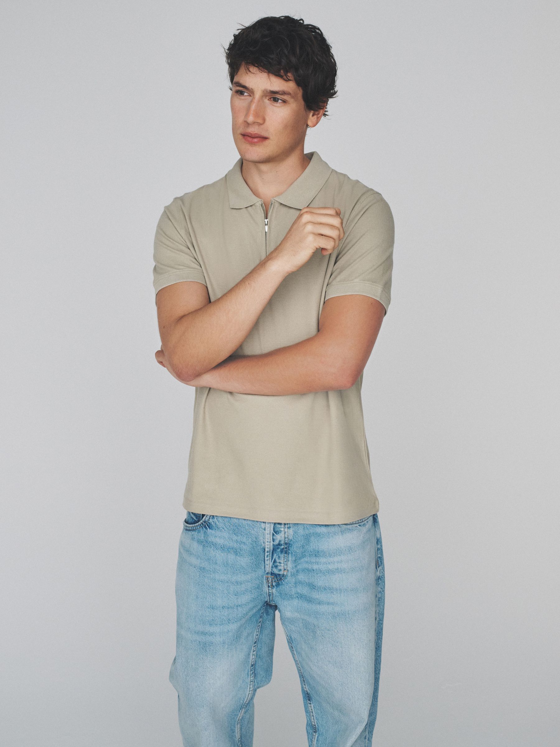 4 Pack Navy/Blue/White/Khaki Textured Cotton Zip Neck Polos Blue/Ecru - Image 3 of 6