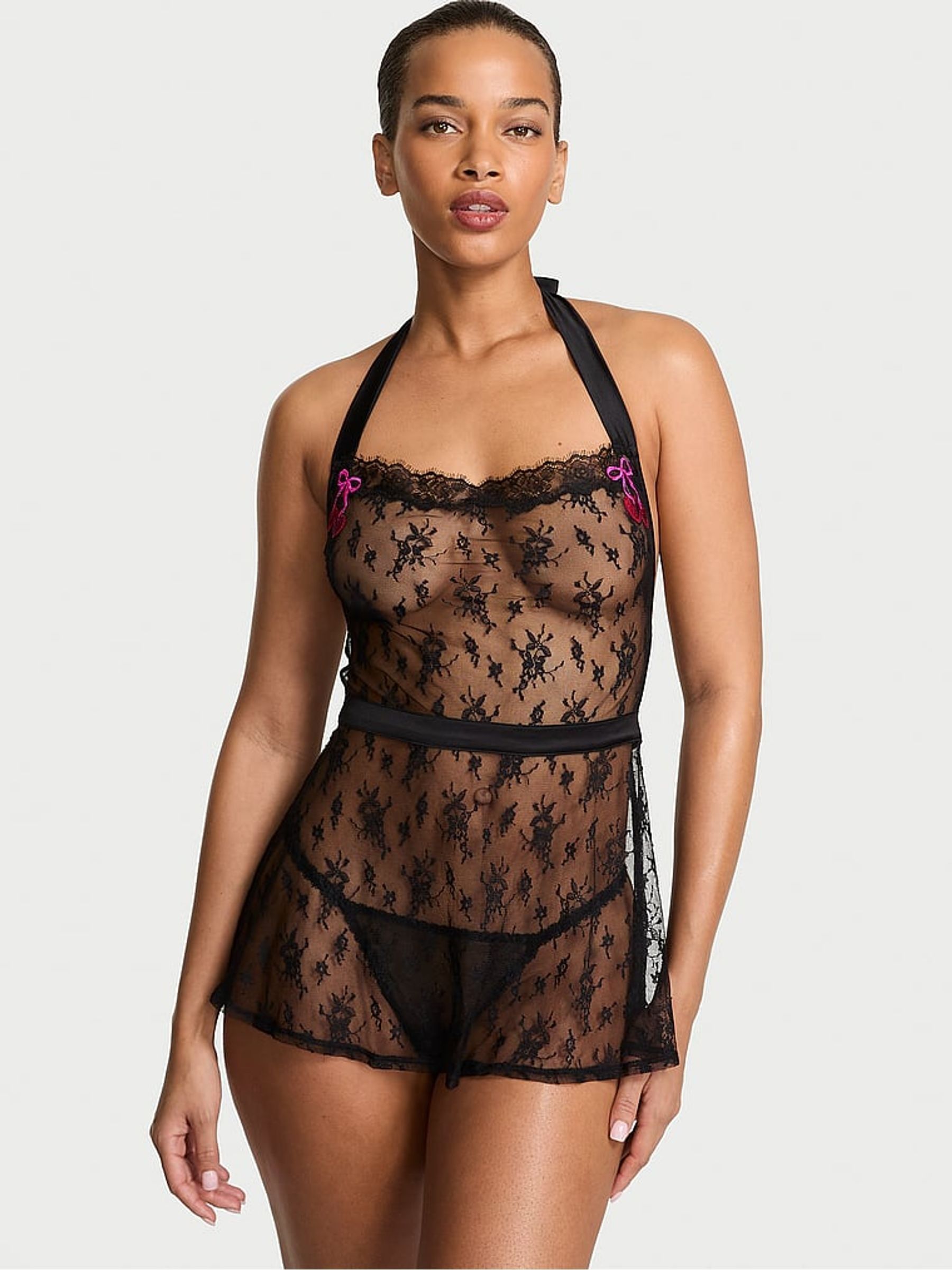 Black Lace Cherry Bomb Embroidery Babydoll set - Image 1 of 2