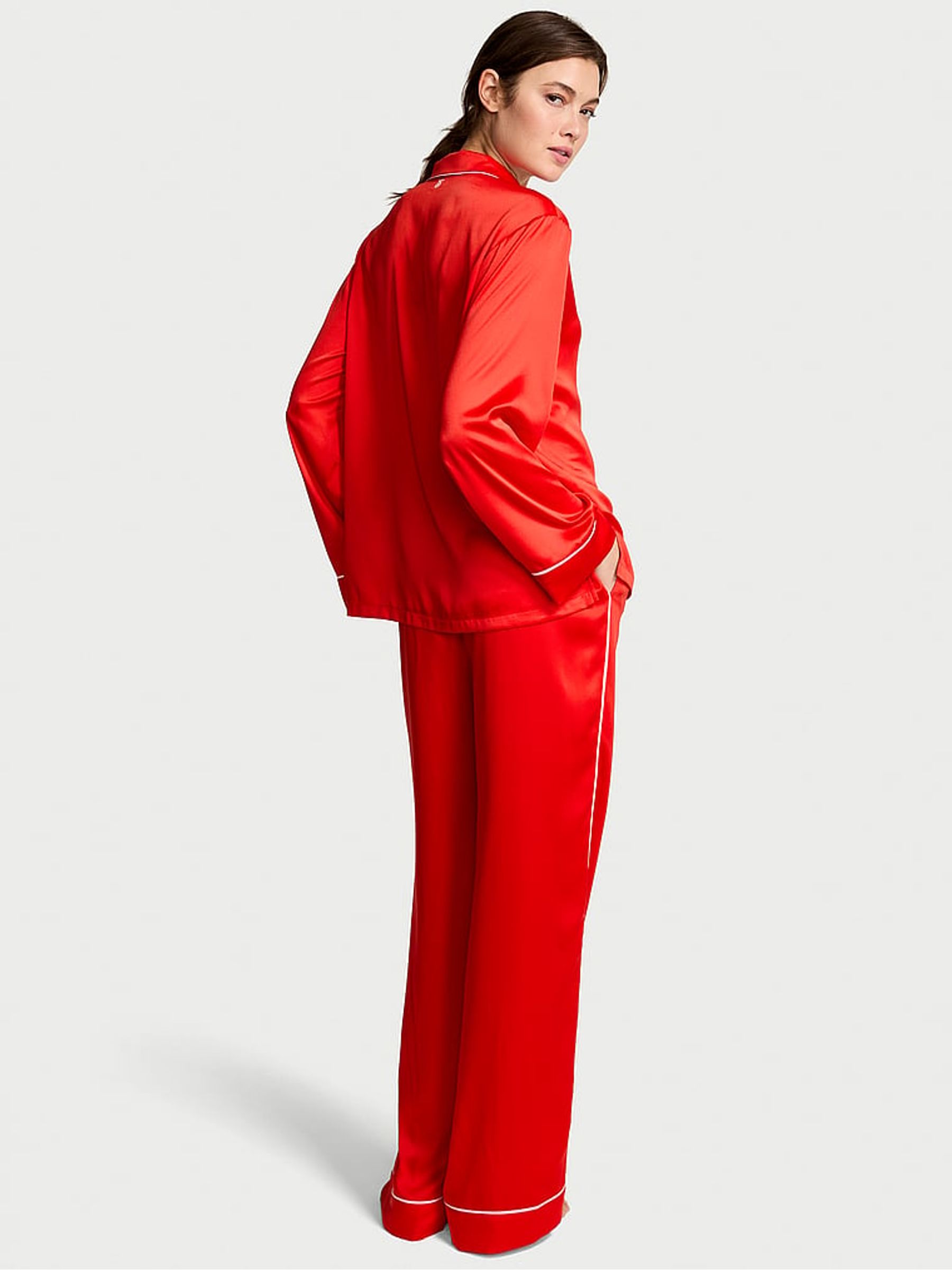 Bright Vermillion Red with Heart Pocket Satin Long Pyjamas Set - Image 2 of 2