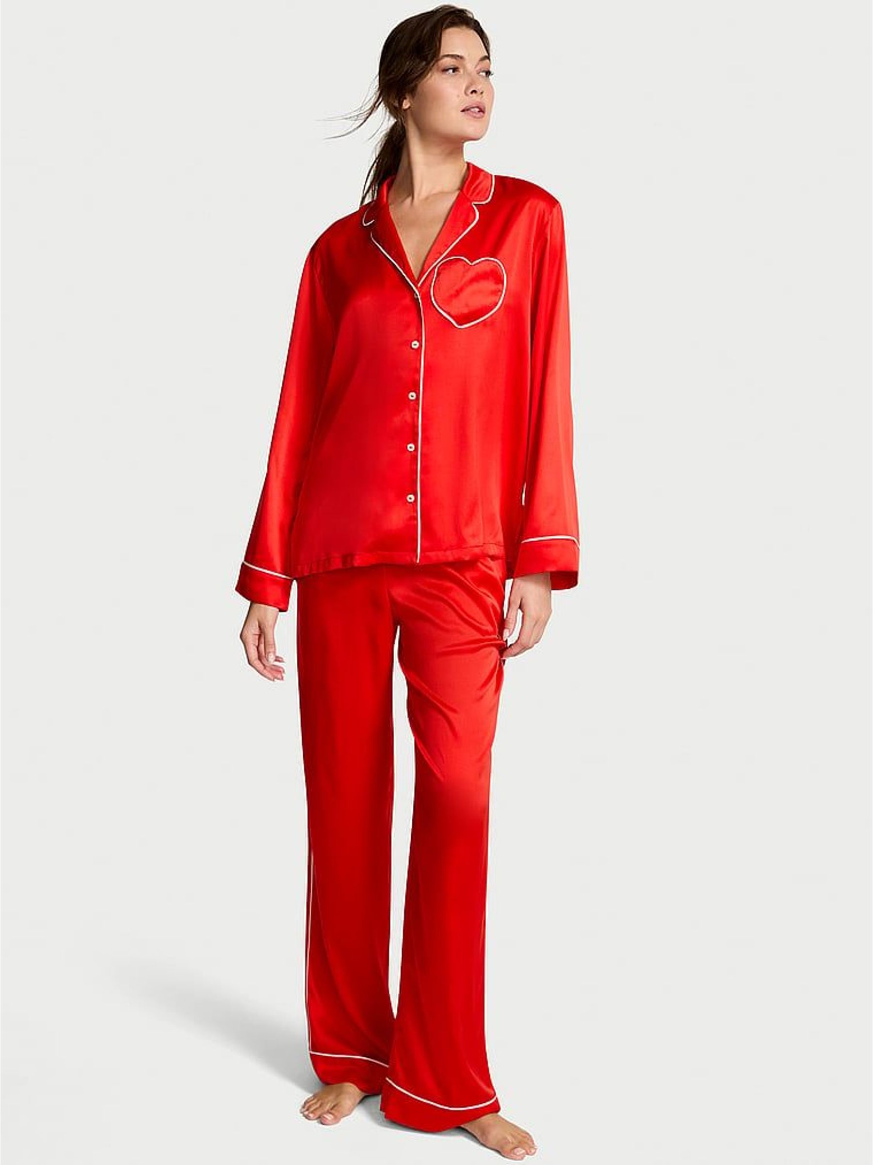Bright Vermillion Red with Heart Pocket Satin Long Pyjamas Set - Image 3 of 4