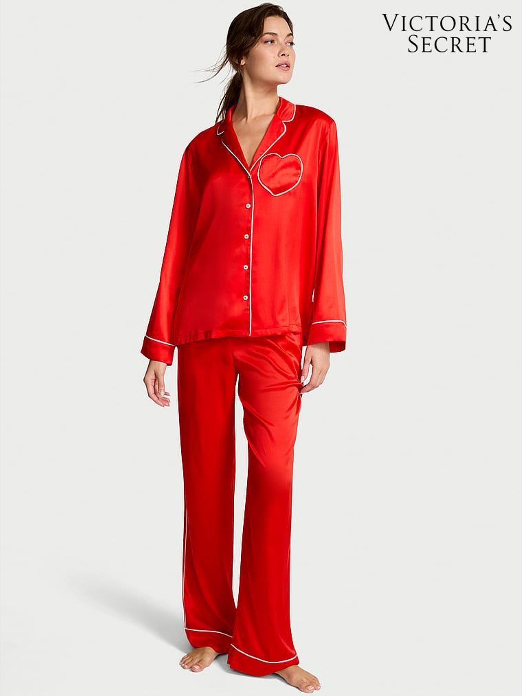 Bright Vermillion Red with Heart Pocket Satin Long Pyjamas Set - Image 4 of 4