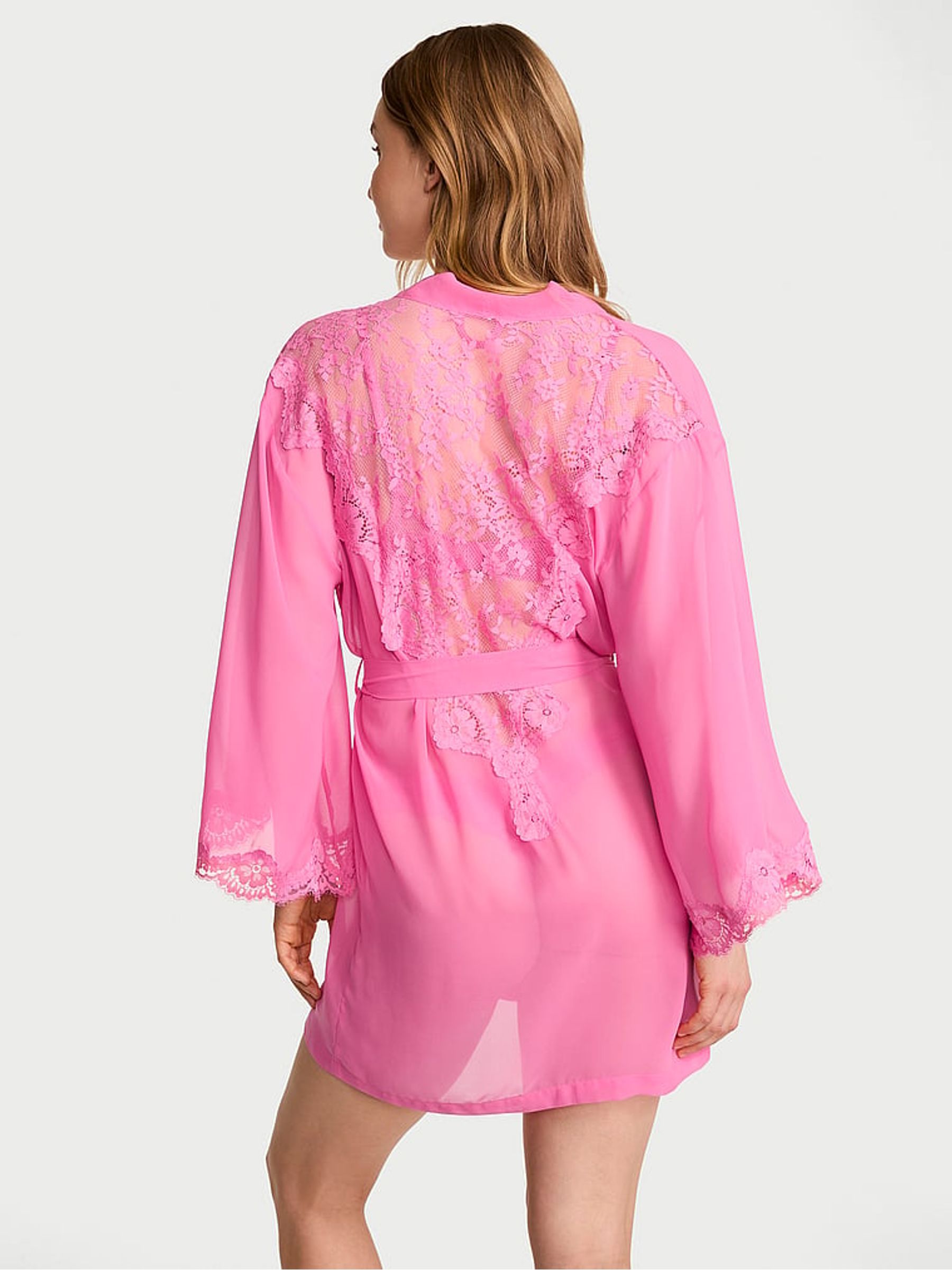 Rose Garden Pink Chiffon & Lace Short Robe - Image 2 of 2