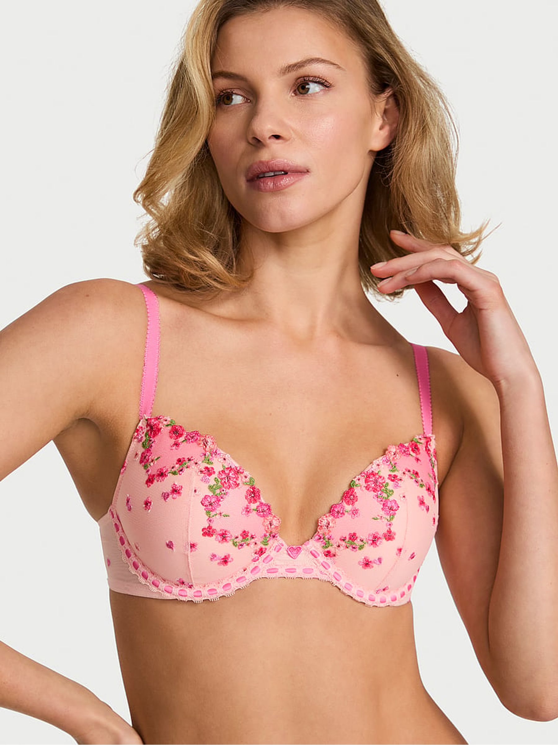 Hearts and Roses Pink Push Up Embroidered Bra - Image 1 of 3