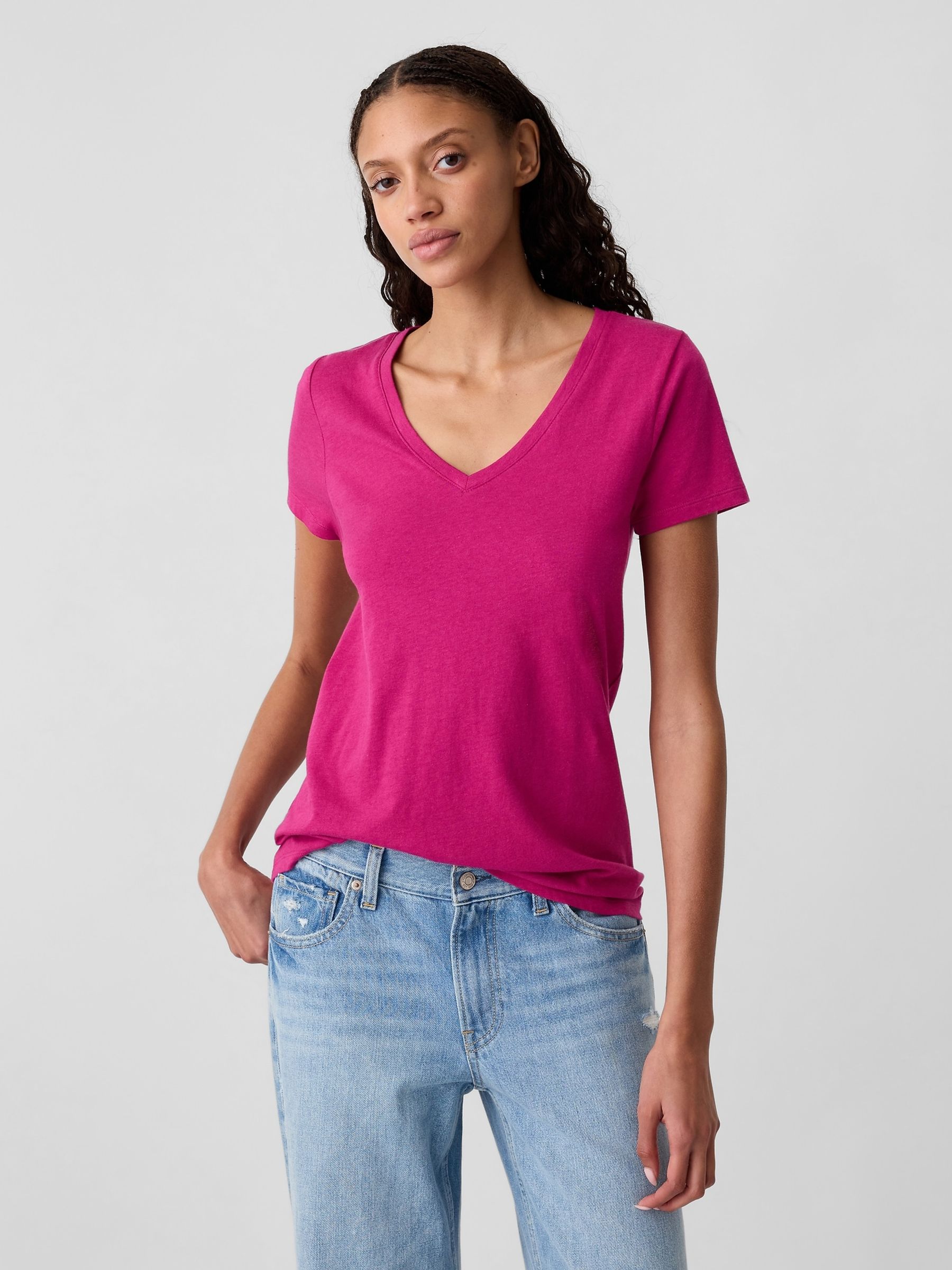 Pink Cotton Short Sleeve Vintage V-Neck T-Shirt - Image 1 of 1