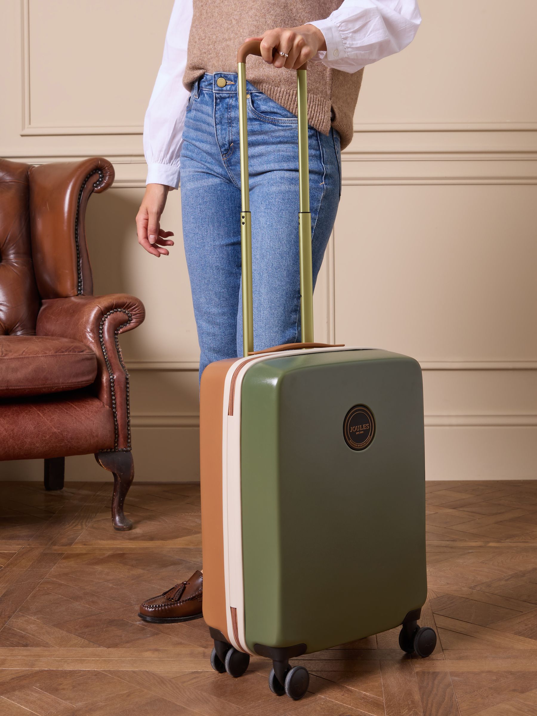 Olive And Tan Colourblock Cabin Four Wheel Hard Shell Suitcase - Image 1 of 10 Olive And Tan Colourblock Cabin Four Wheel Hard Shell Suitcase - Image 1 of 10