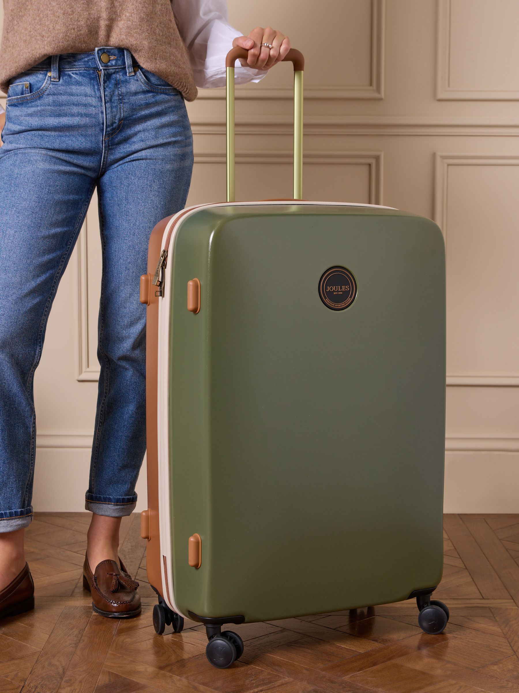 Olive And Tan Colourblock Large Four Wheel Hard Shell Suitcase