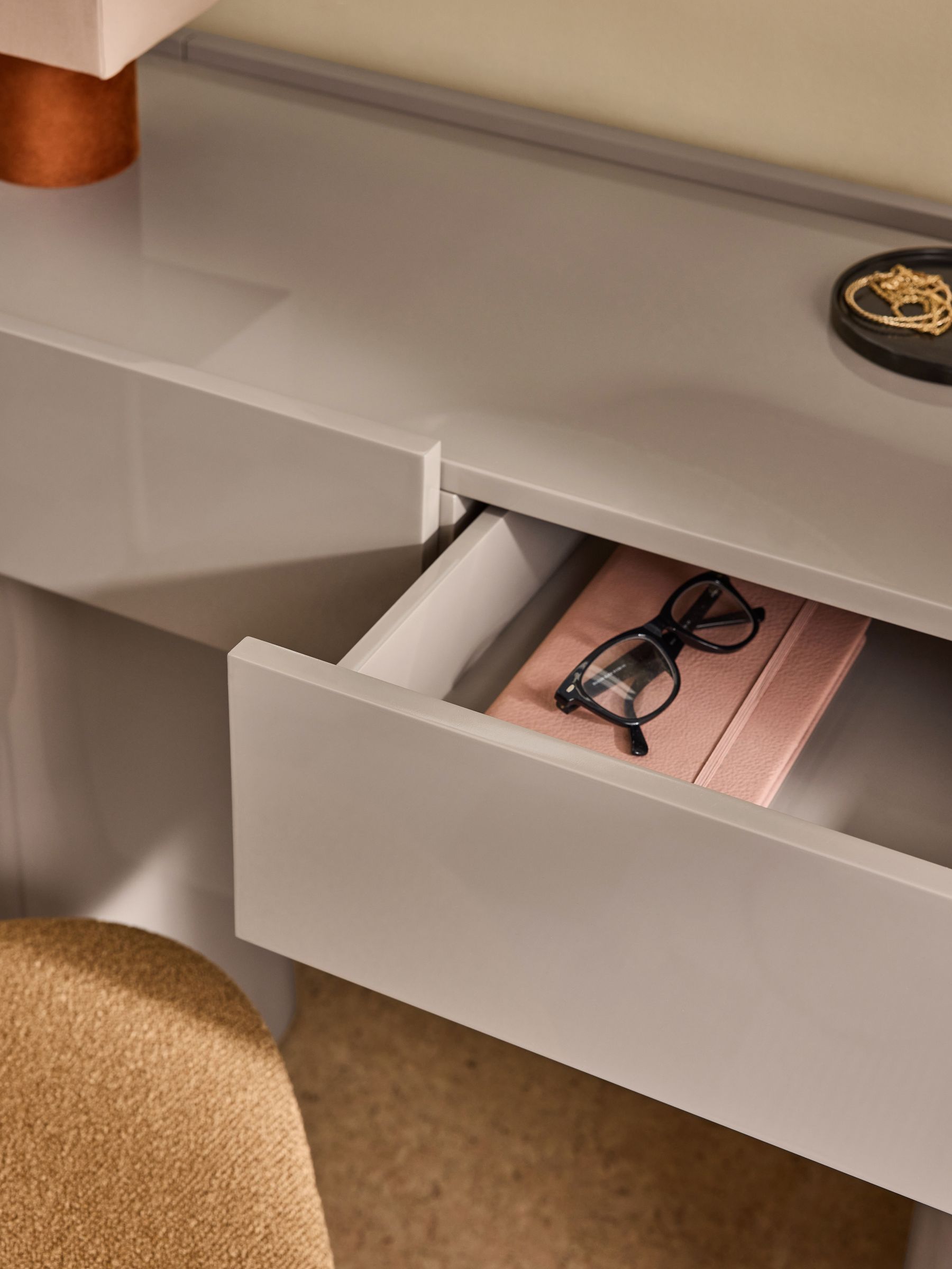 Kain 2 Drawer Console Dressing Table in Mushroom Grey Gloss - Image 2 of 5