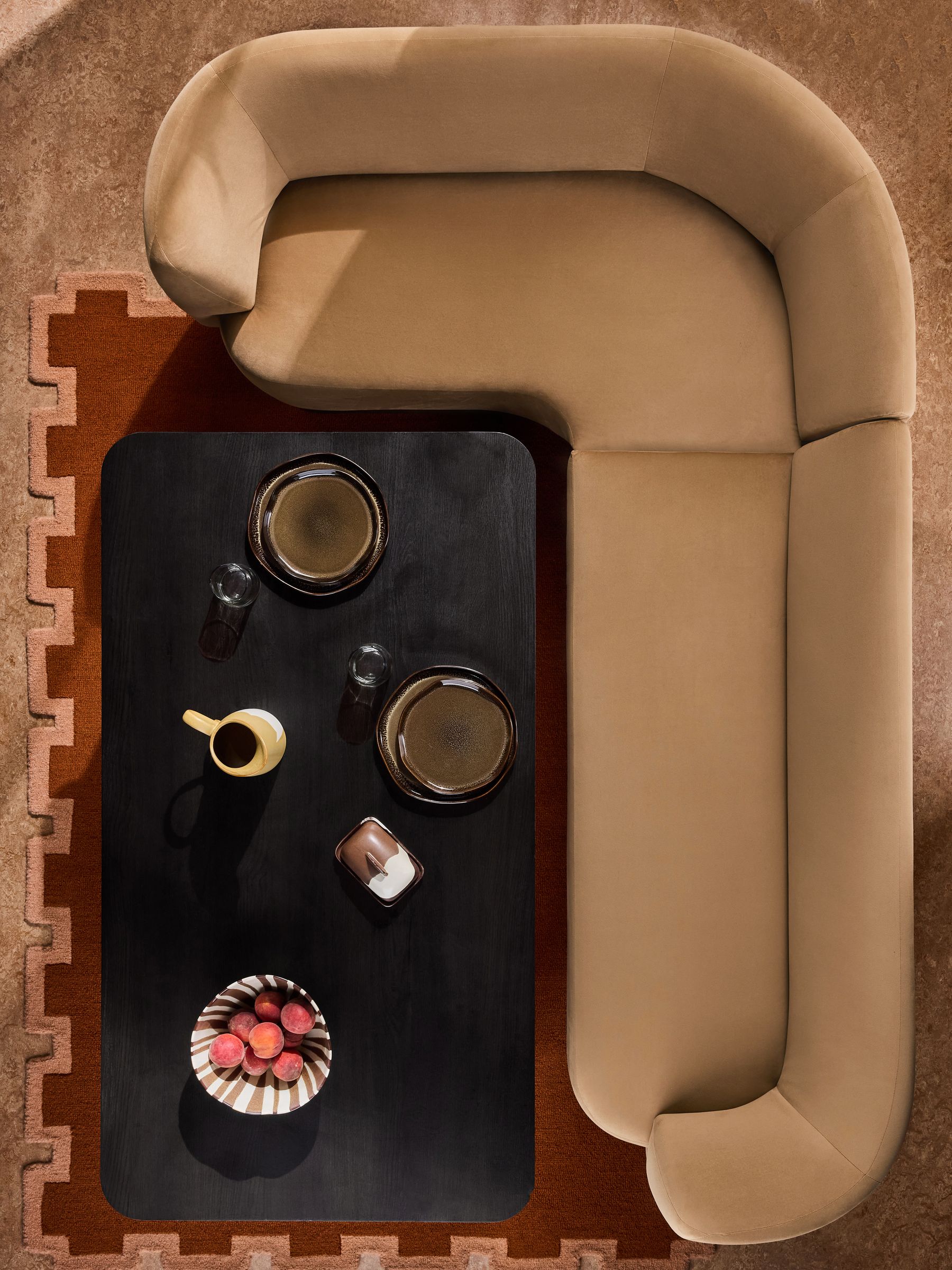 Novara Left Hand Corner Dining Table and Bench Set in Caramel Brown Velvet - Image 1 of 8 Novara Left Hand Corner Dining Table and Bench Set in Caramel Brown Velvet - Image 1 of 8