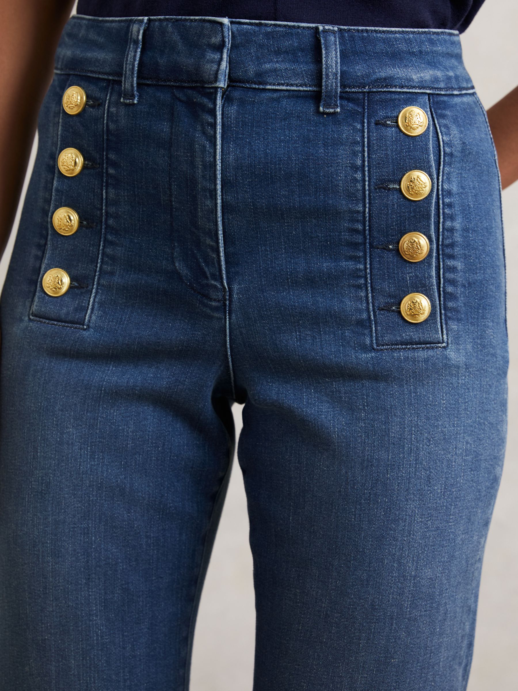 Button-Detail High-Rise Flared Jeans in Mid Blue - Image 4 of 7