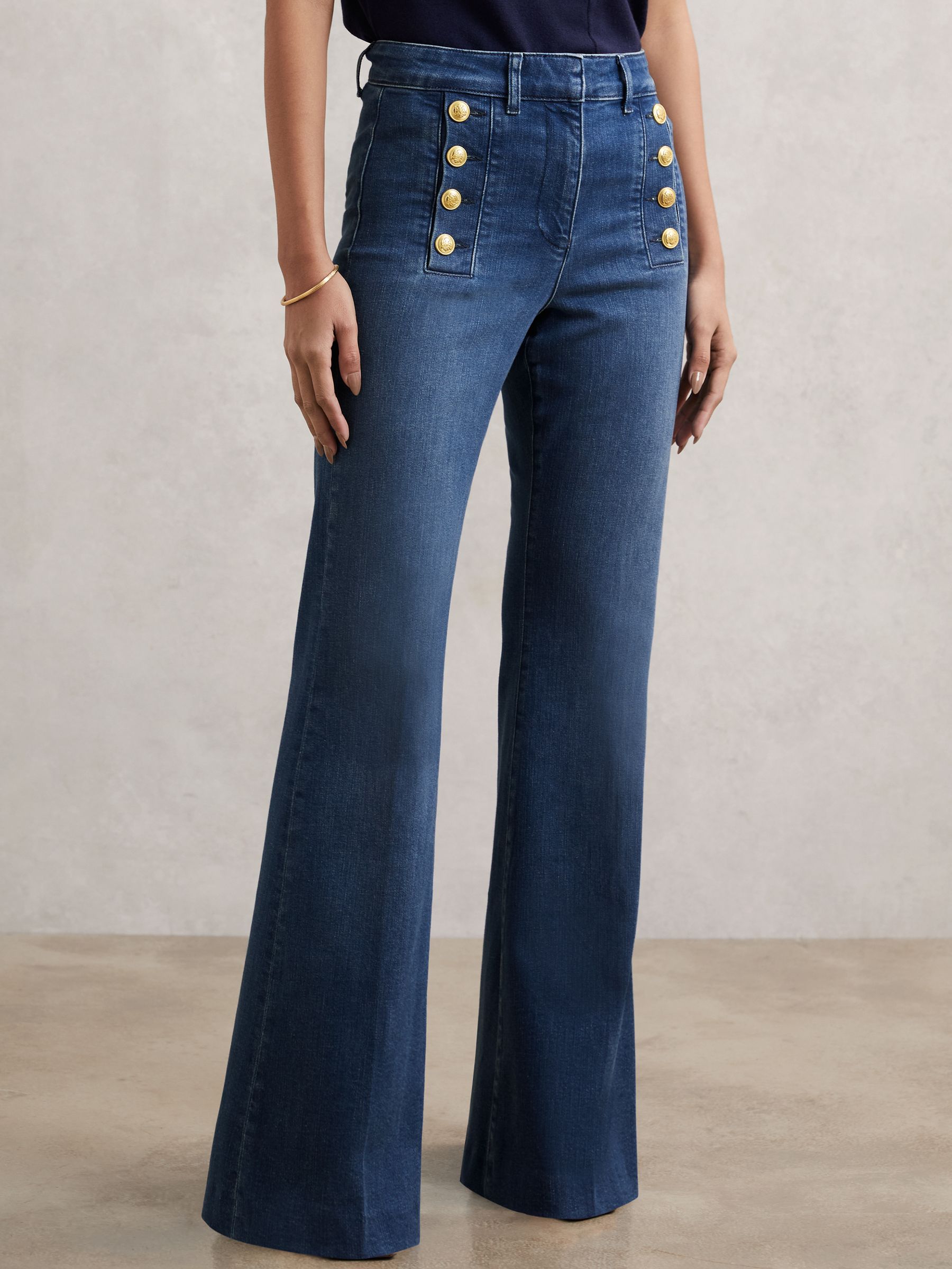 Button-Detail High-Rise Flared Jeans in Mid Blue - Image 5 of 7