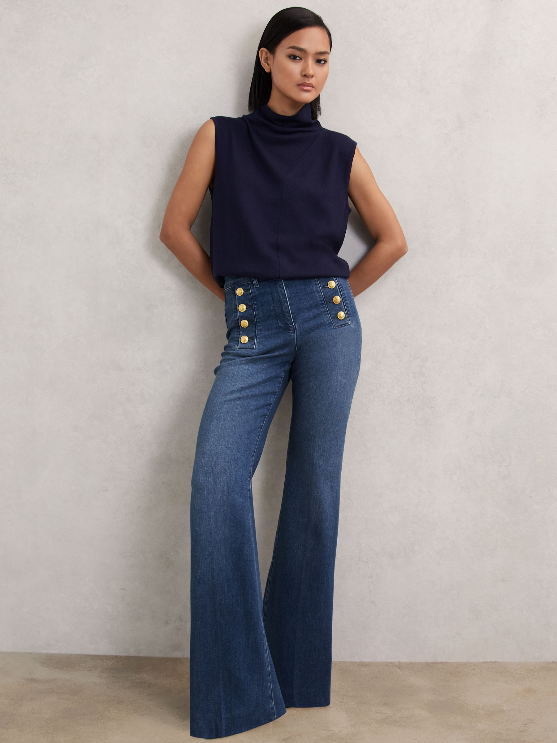 Petite Button-Detail High-Rise Flared Jeans in Mid Blue - Image 1 of 8