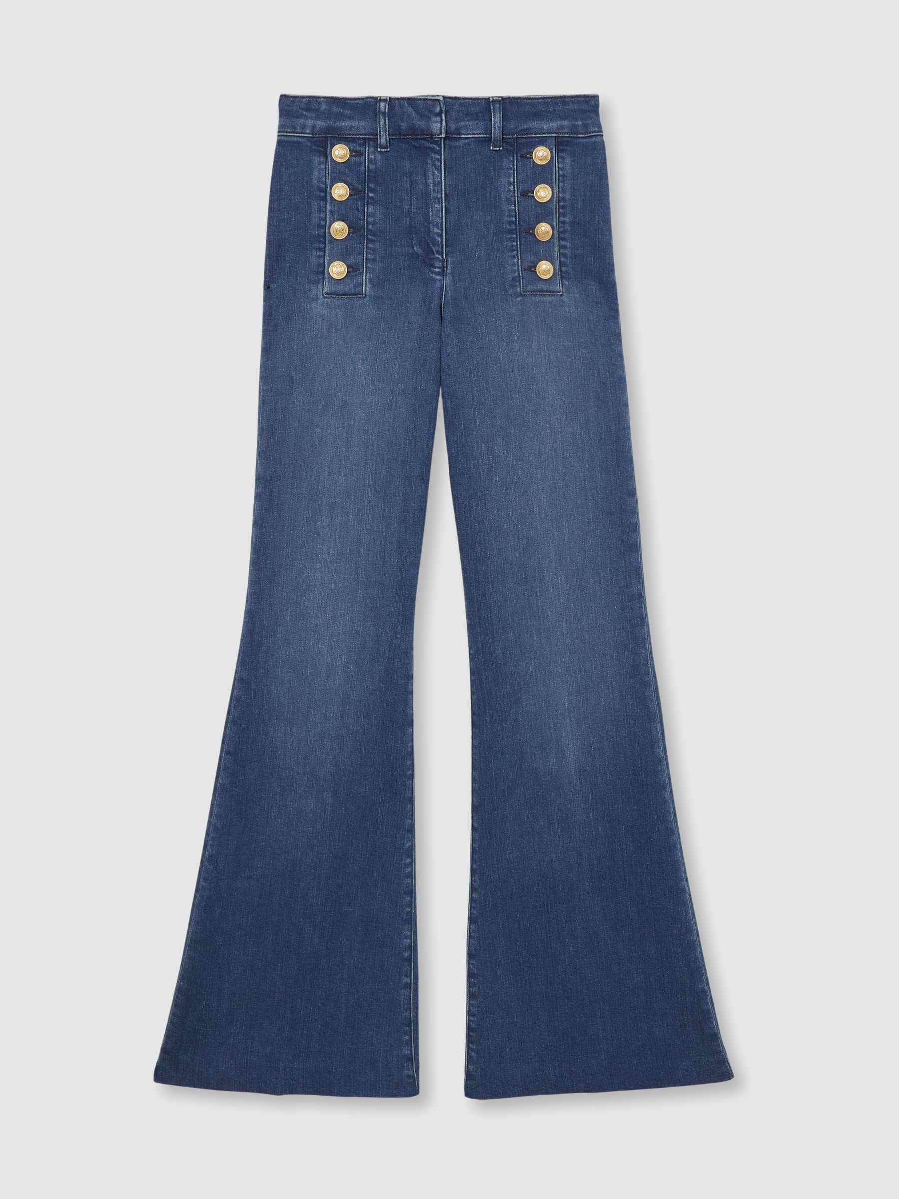 Petite Button-Detail High-Rise Flared Jeans in Mid Blue - Image 2 of 8