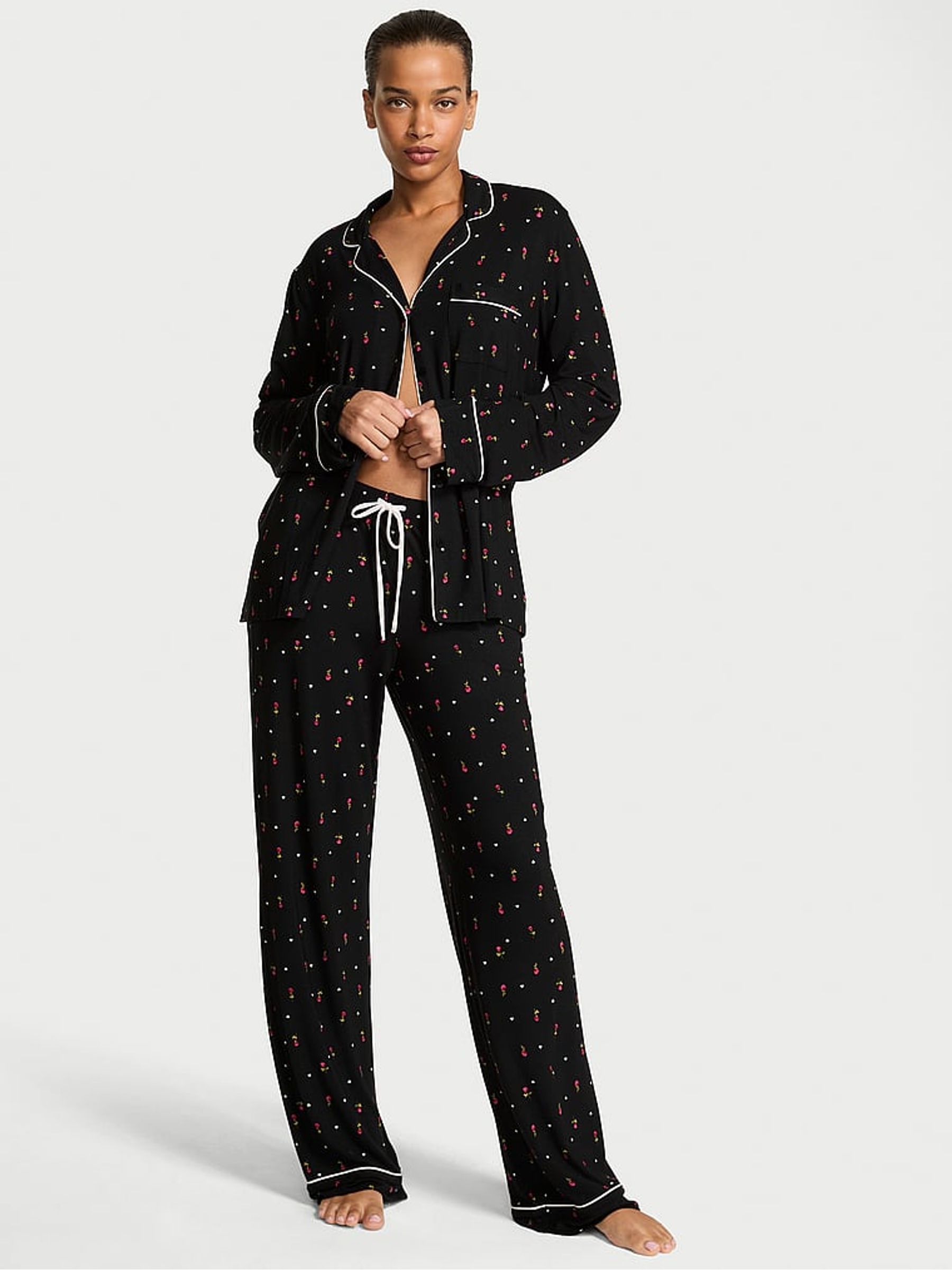 Black and Pink Ditsy Rose Modal Long Pyjamas Set - Image 1 of 2