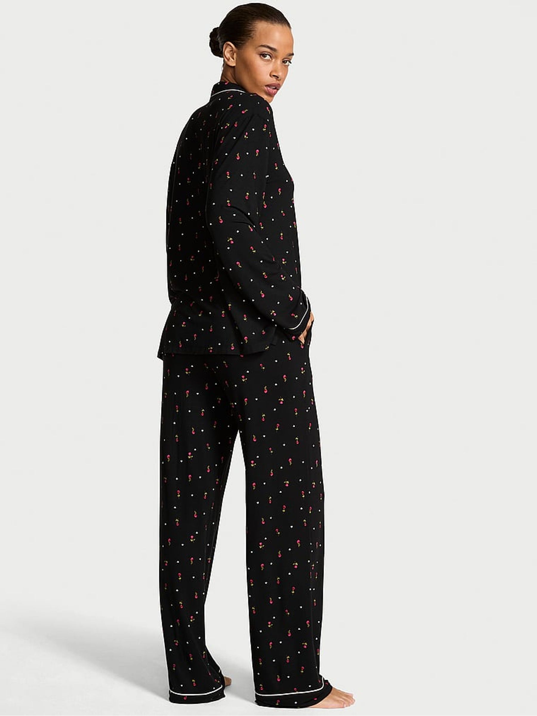 Black and Pink Ditsy Rose Modal Long Pyjamas Set - Image 2 of 2