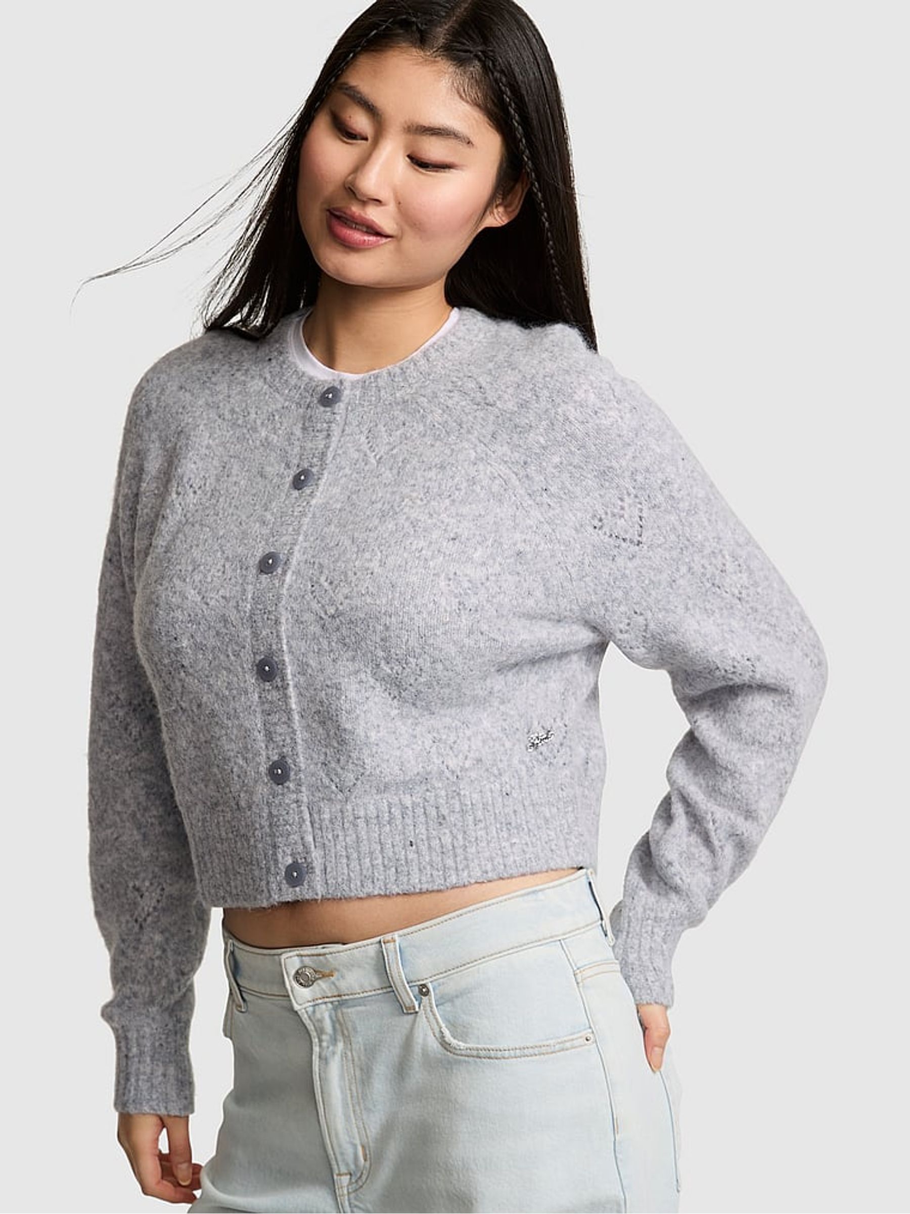 Medium Heather Grey Heart Pointelle Cardigan - Image 1 of 3