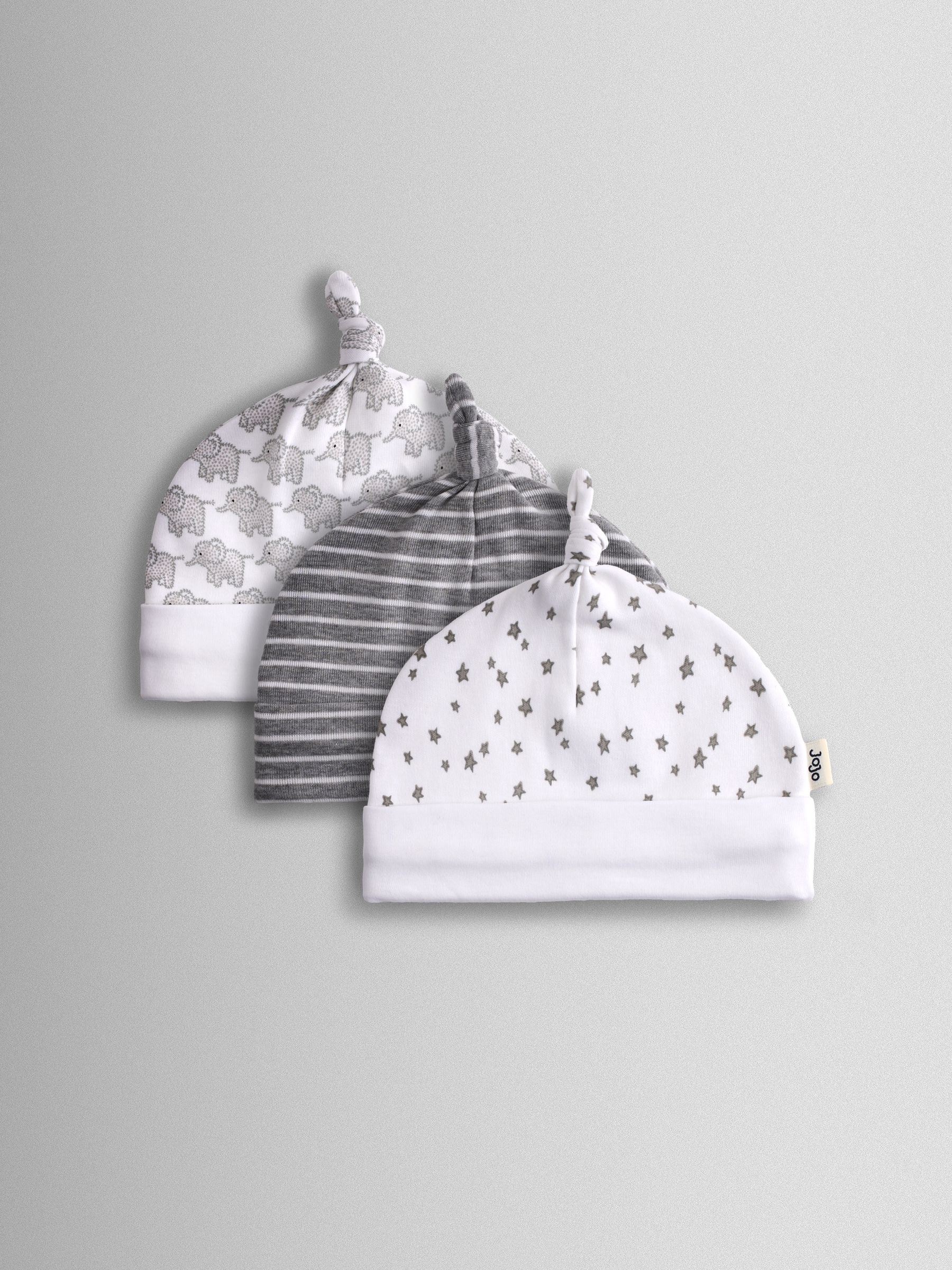 Grey 3-Pack Elephant, Stripe & Star Baby Hats - Image 1 of 8
