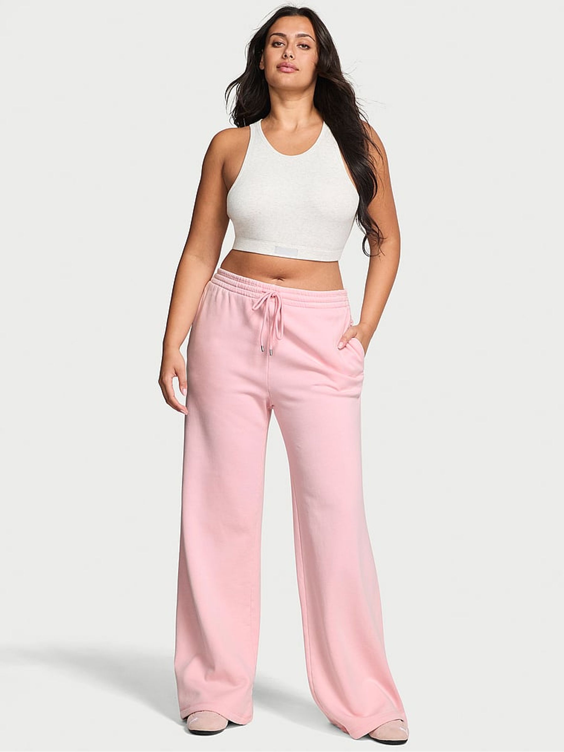 Washed Pretty Blossom Pink Fleece Wide Leg Joggers - Image 1 of 4