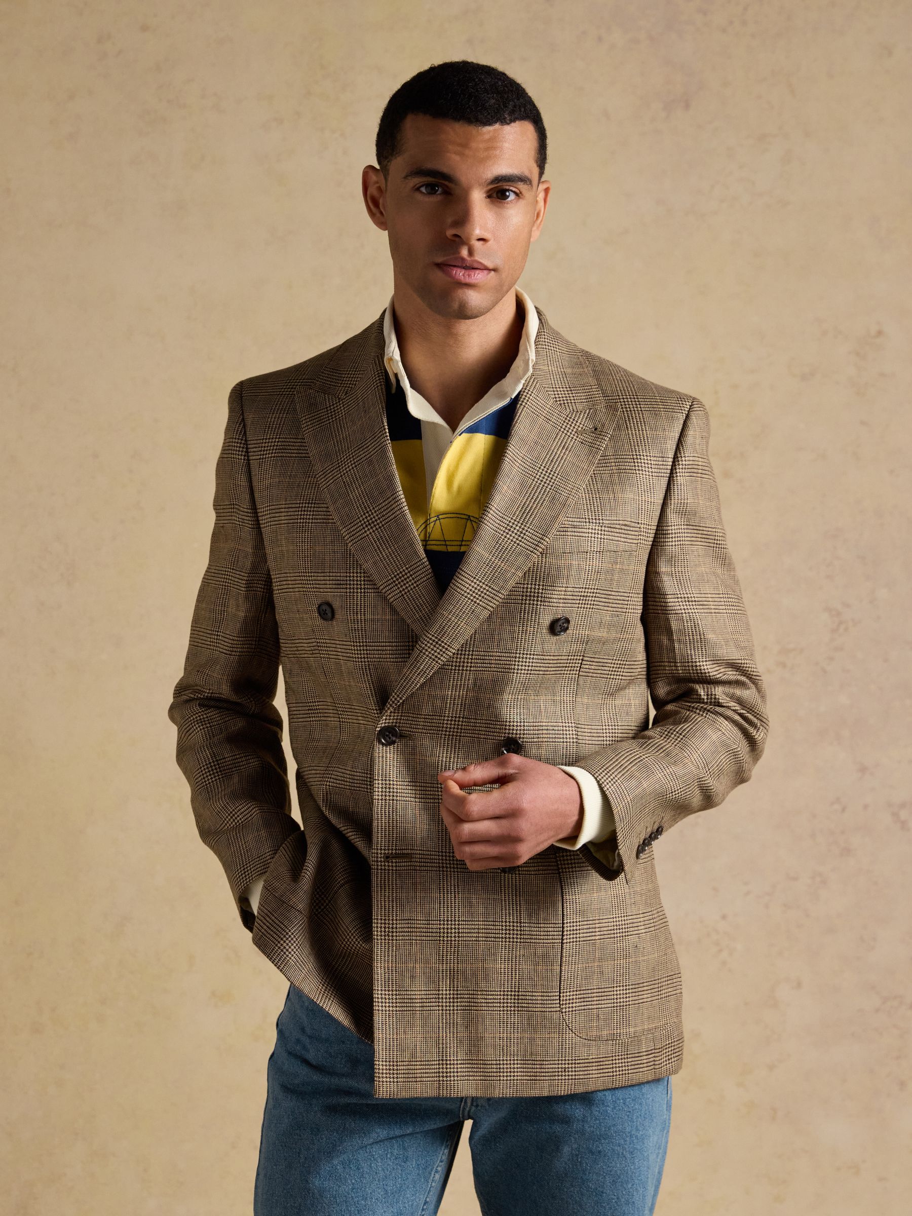 Taupe Brown Pure Linen Check Double Breasted Blazer - Image 1 of 13 Taupe Brown Pure Linen Check Double Breasted Blazer - Image 1 of 13